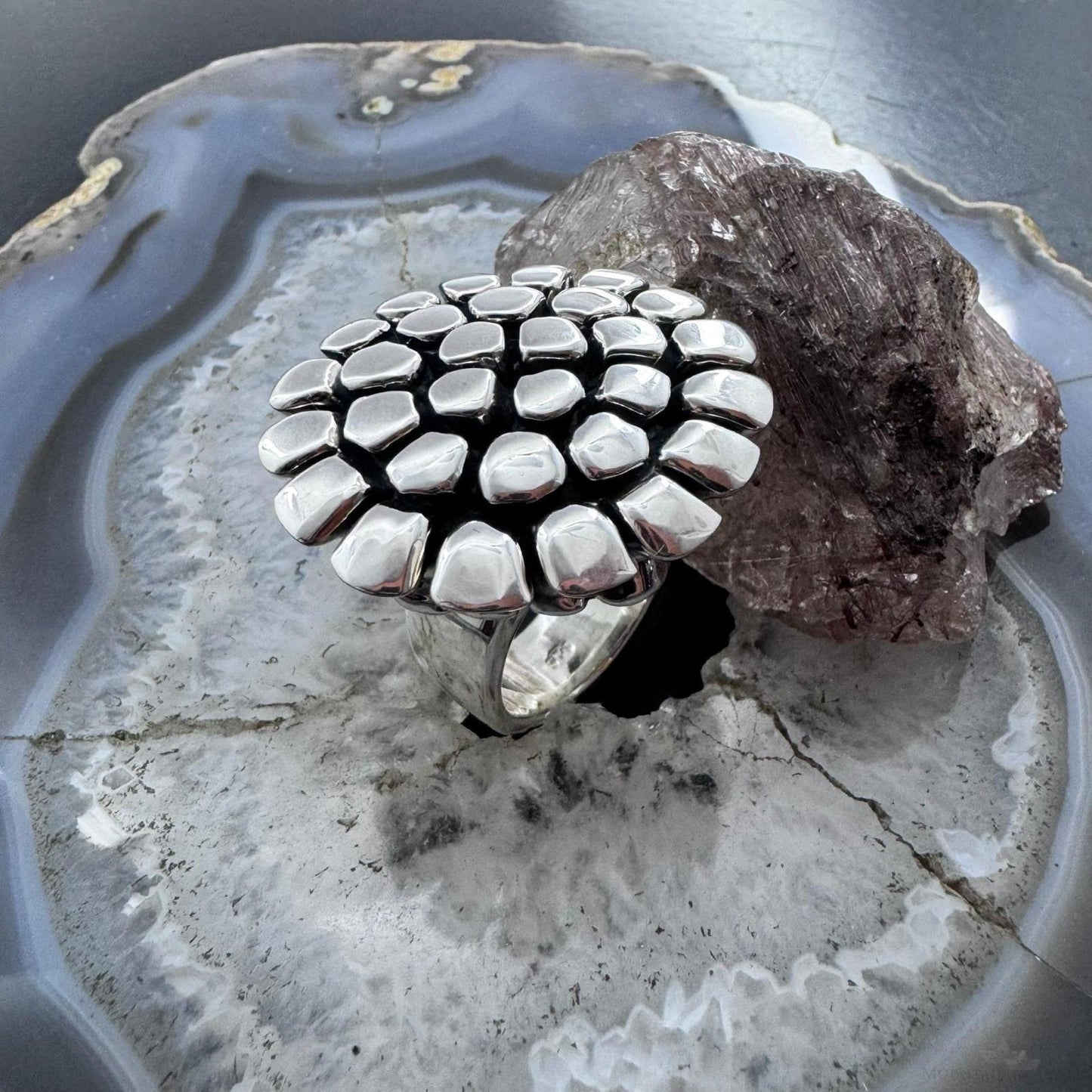 Sterling Silver Electroform Rounded Petals Flower Fashion Ring For Women, Taxco Mexico