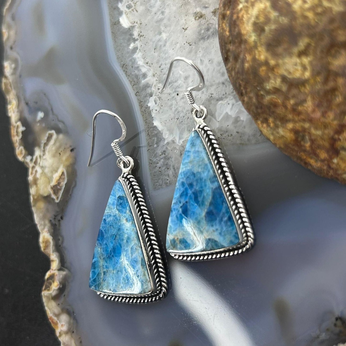 Sterling Silver Southwestern Style Triangle Blue Apatite Dangle Earrings For Women