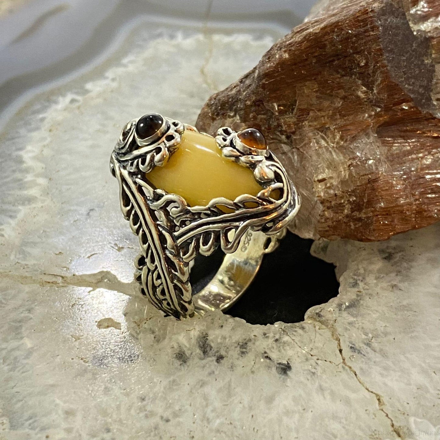 Carolyn Pollack Southwestern Style Sterling Silver Yellow Jasper, Smoky Quartz & Citrine Ring For Women