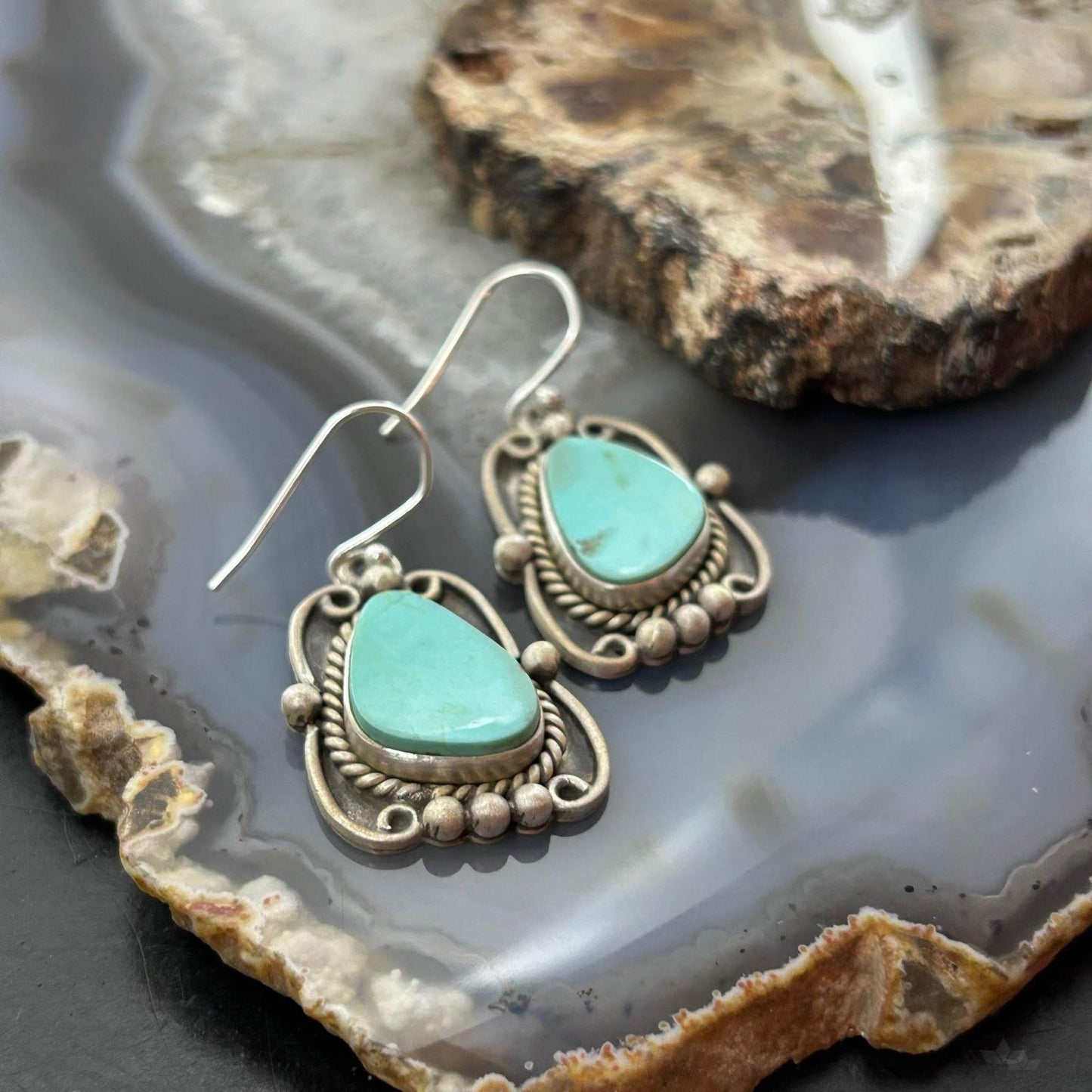 Sterling Silver Southwestern Style Turquoise Decorated Dangle Earrings For Women #1