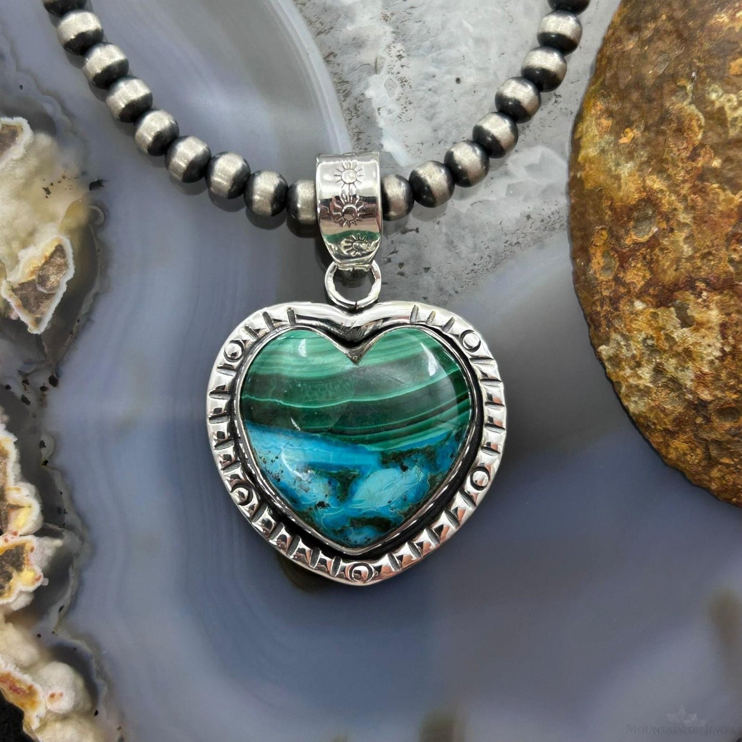 Sterling Silver Southwestern Style Azurite Malachite Heart Pendant For Women