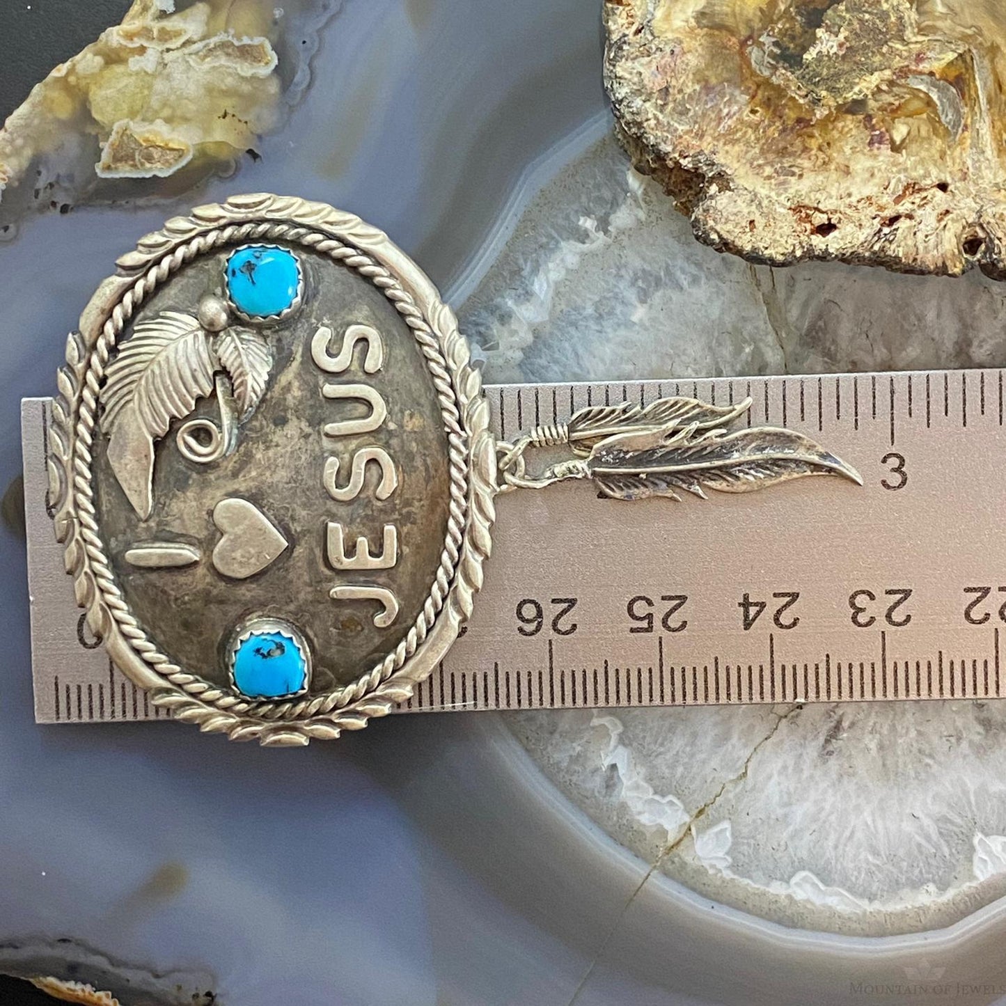 Vintage Signed Native American Sterling Silver Turquoise "I Love Jesus" Brooch