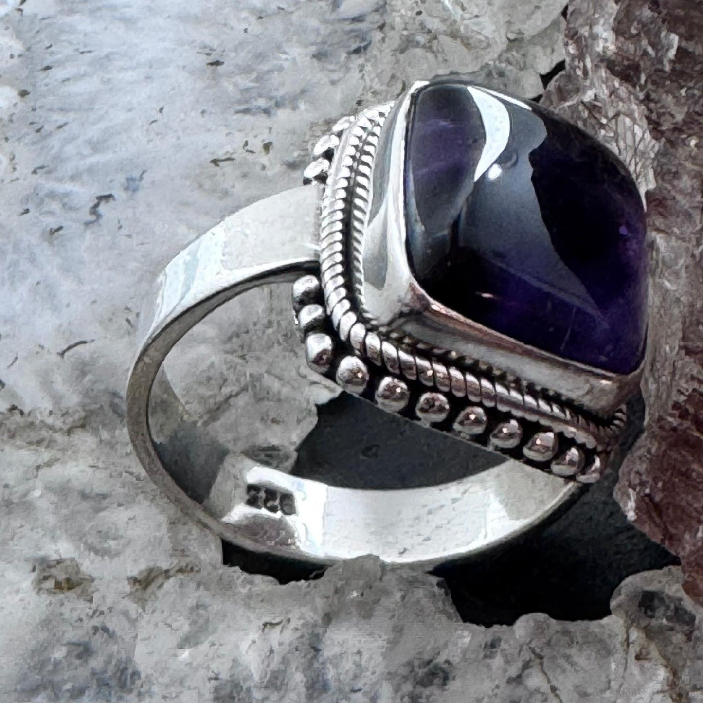 Sterling Silver Southwestern Style Square Star Amethyst Ring Size 8.75 For Women