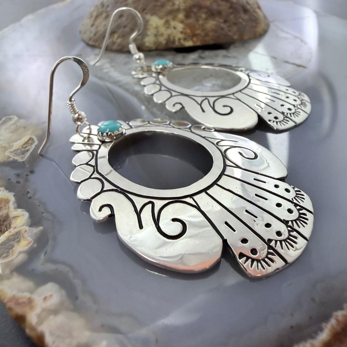 Tommy & Rosita Singer Sterling Silver Turquoise Dot Engraved Dangle Earrings For Women