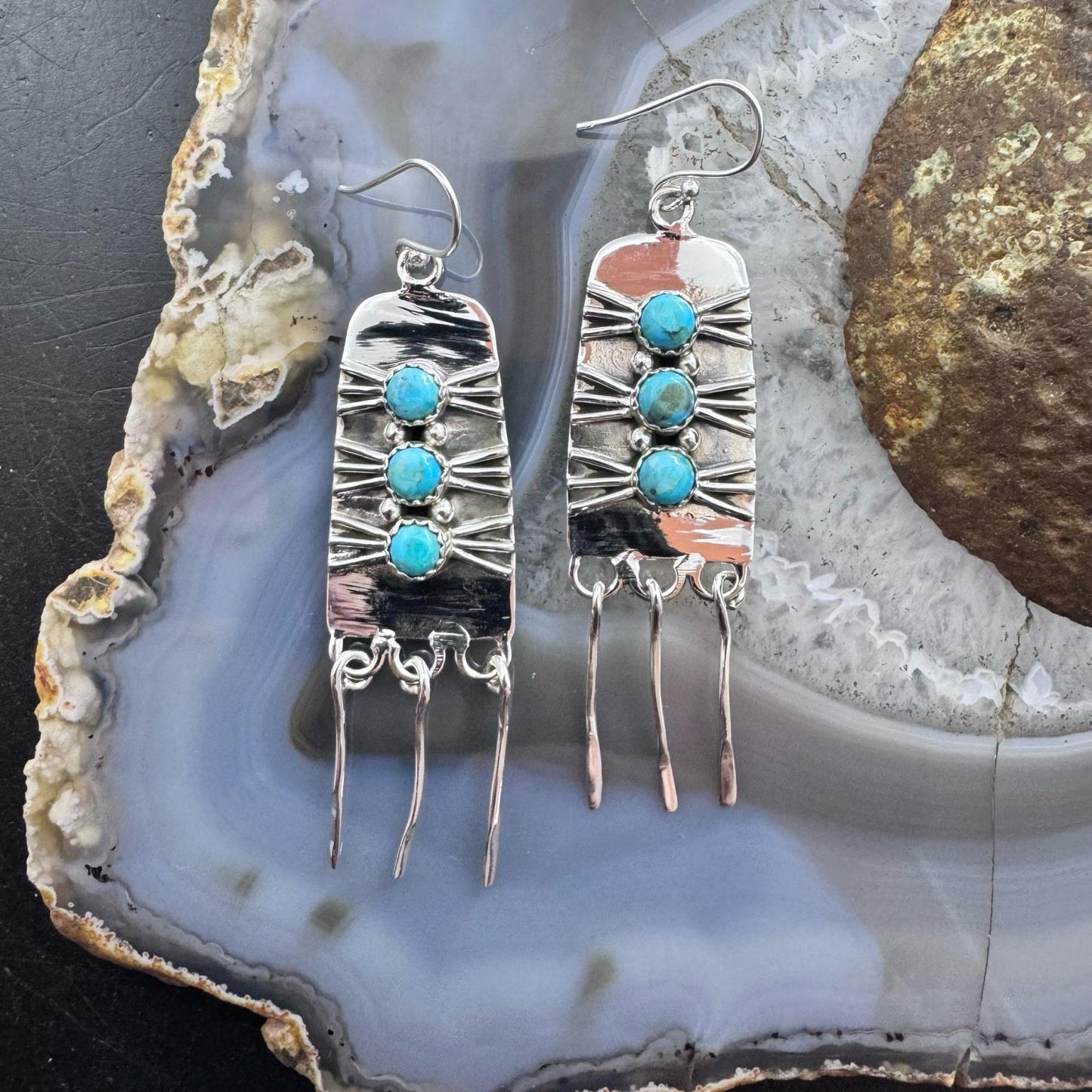 Sterling Silver Southwestern Style 3 Rounded Turquoise Tassel Dangle Earrings For Women