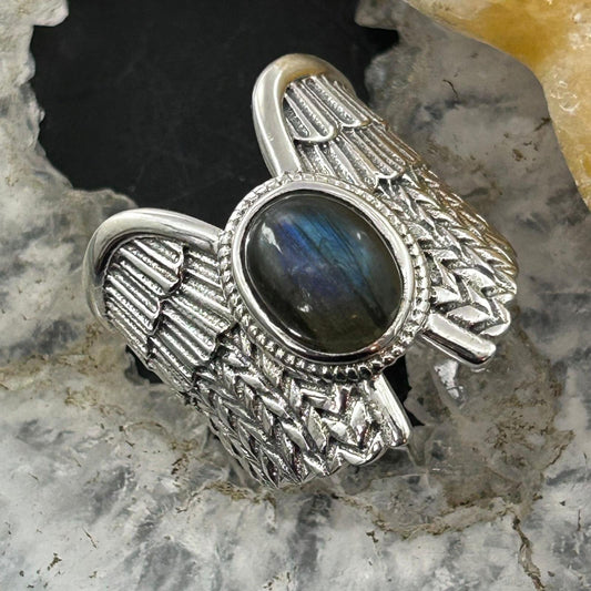 Sterling Silver Southwestern Style Labradorite Decorated Wing Ring For Women