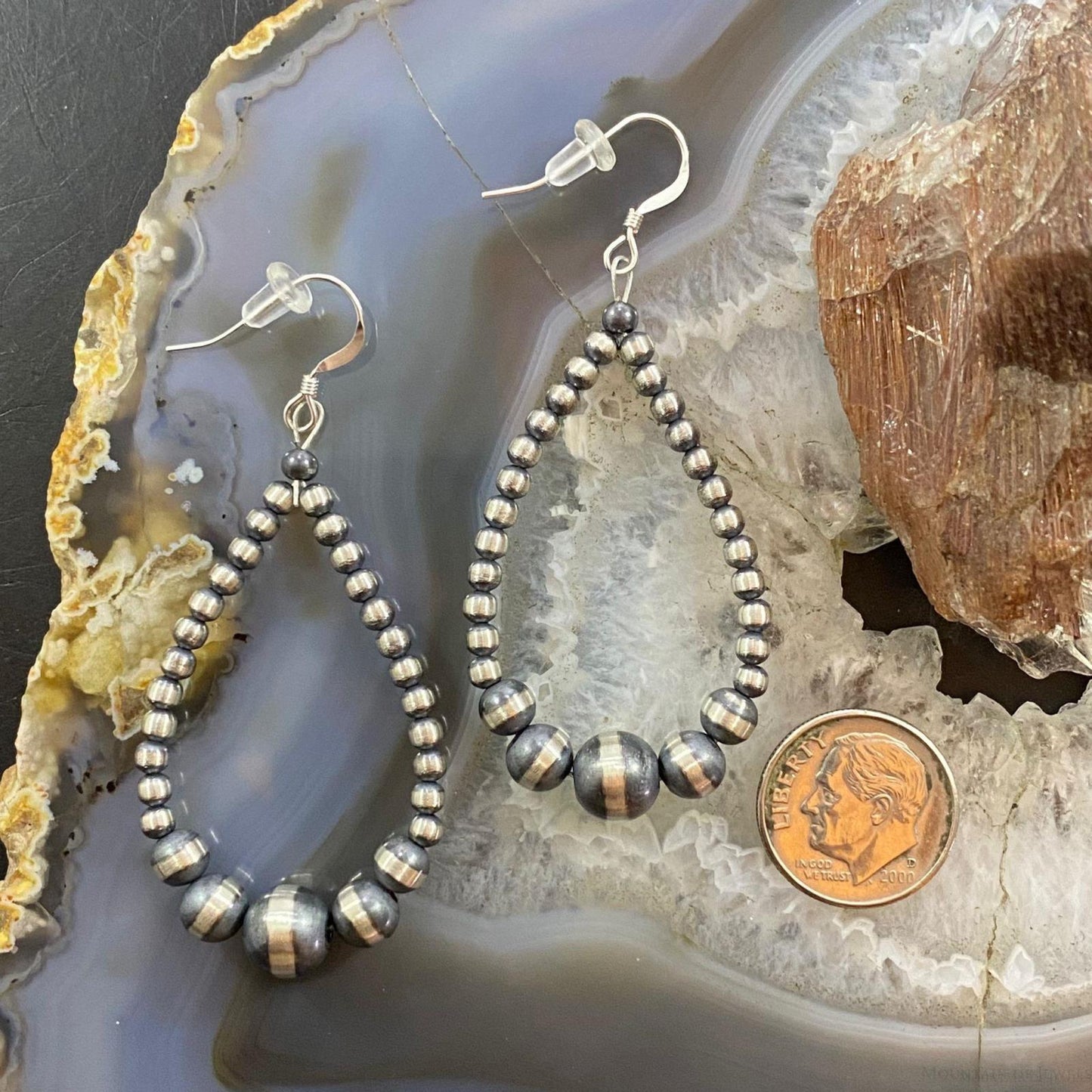 Navajo Pearl Beads Graduated 3-8mm Sterling Silver Hoop Dangle Earrings
