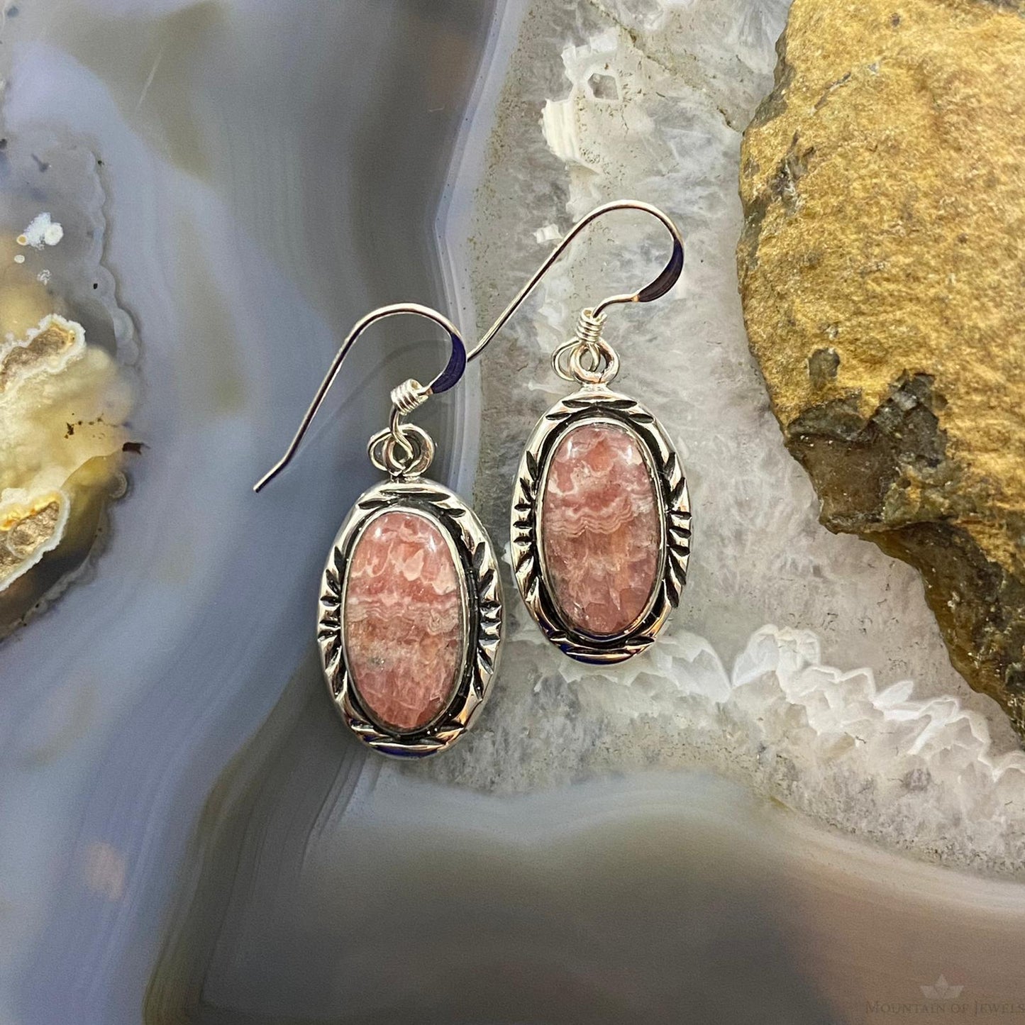 Native American Sterling Silver Oval Rhodochrosite Dangle Earrings For Women
