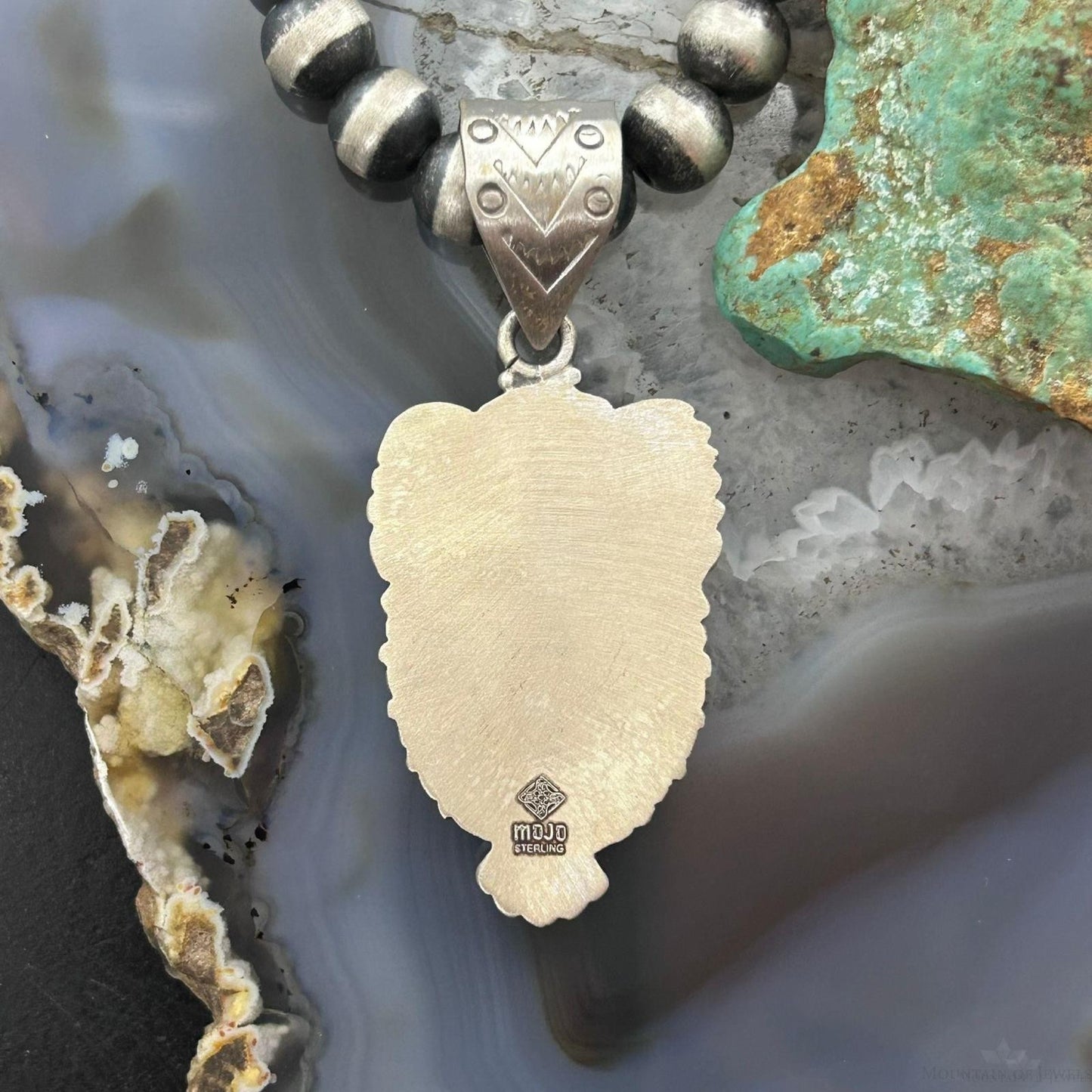 Sterling Southwestern Style Oval Sonora Gold Turquoise Leaves Decorated Pendant