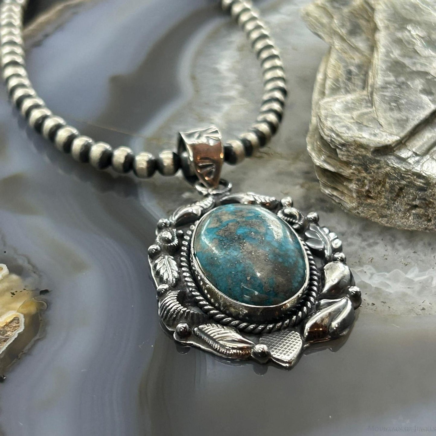 Sterling Silver Southwestern Style Oval Turquoise Decorated Pendant For Women