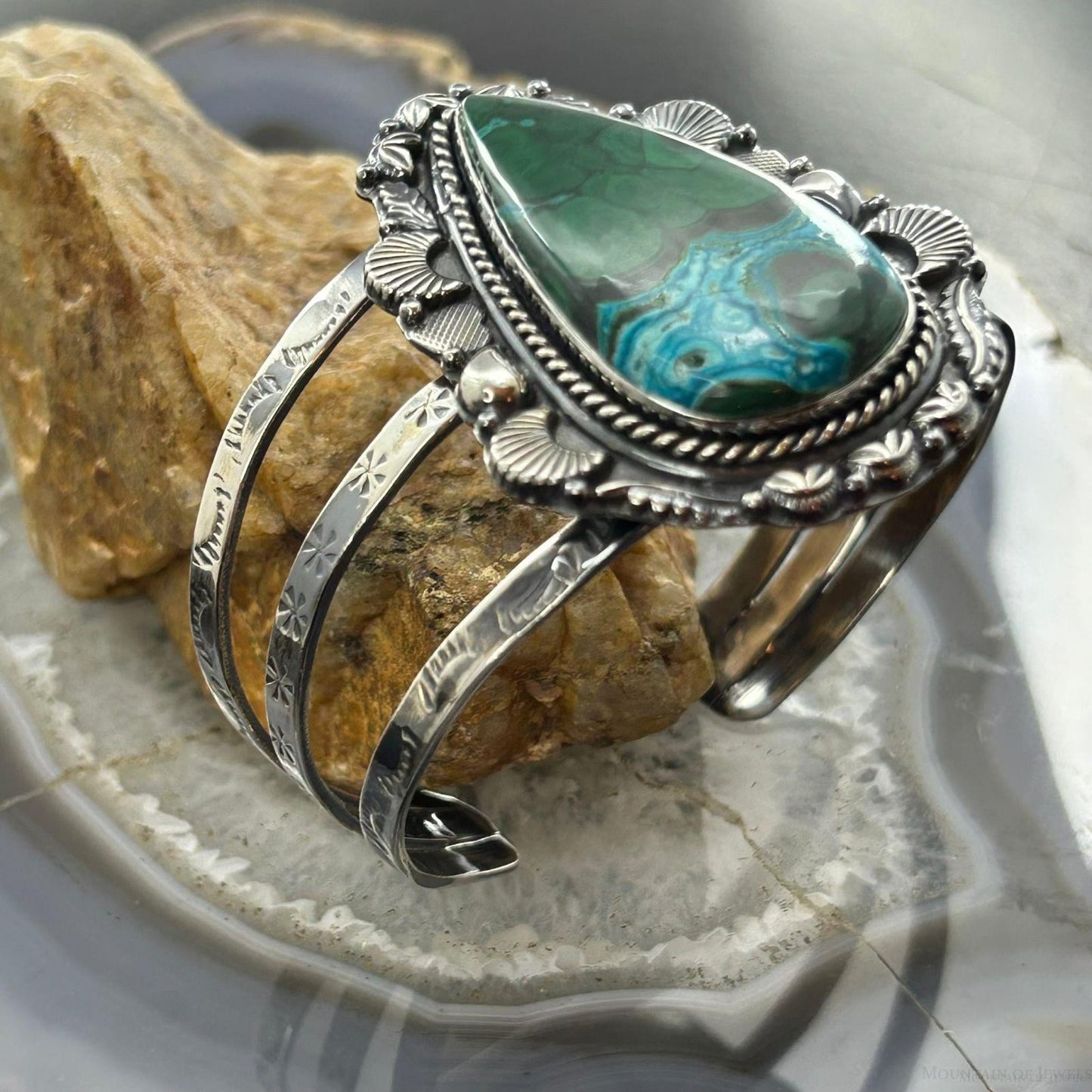 Sterling Silver Southwestern Style Elongated Teardrop Malachite Azurite Bracelet For Women