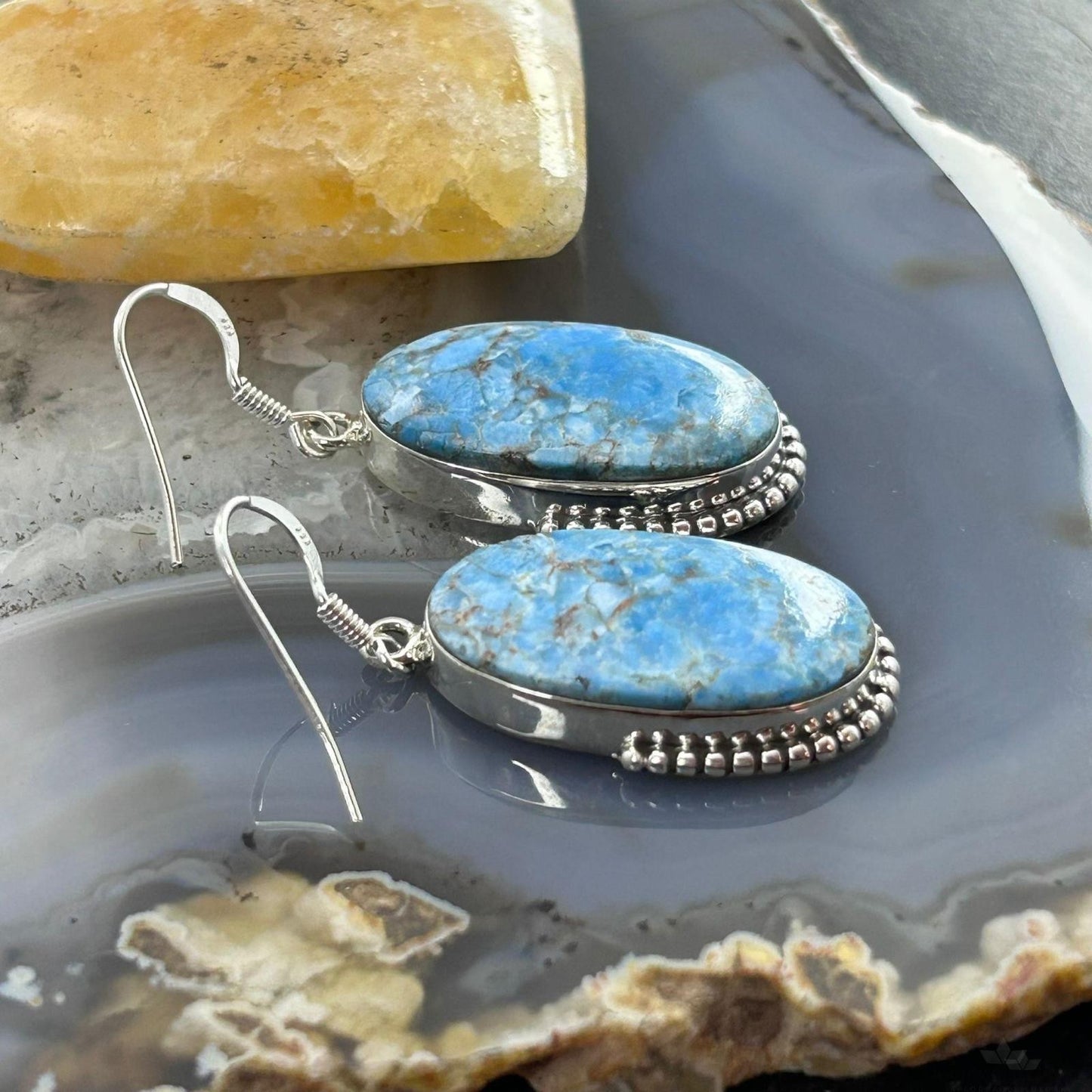Sterling Silver Southwestern Style Oval Blue Apatite Dangle Earrings For Women