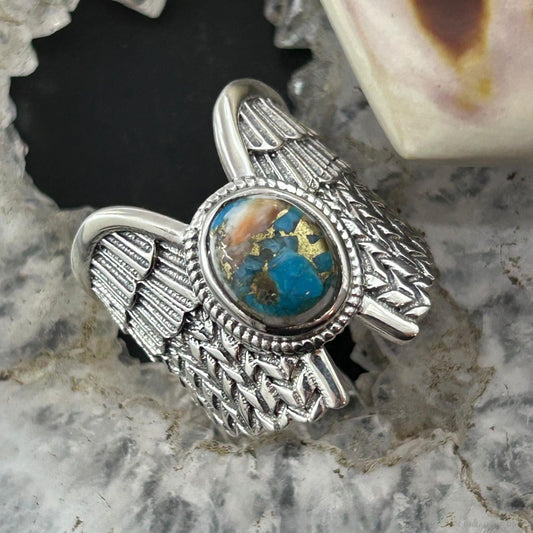 Sterling Silver Southwestern Style Mohave Turquoise Wing Ring Size 7 For Women