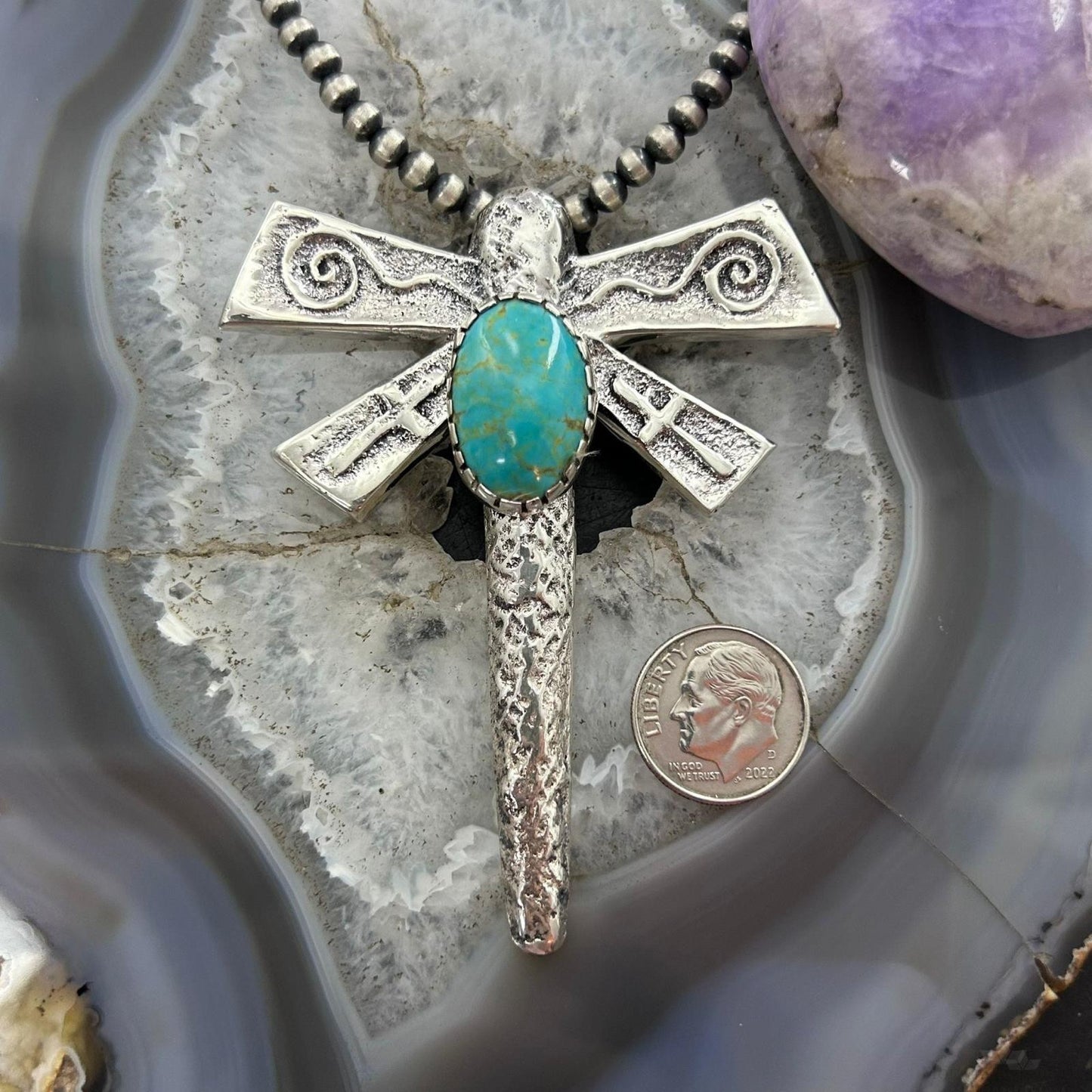 Gary Custer Navajo Sterling Silver Tufa Cast Turquoise Dragonfly Unisex Pendant