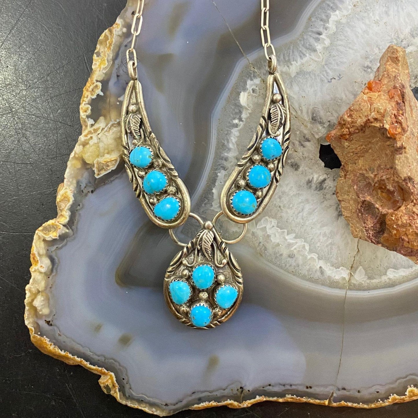 Vintage Native American Sterling Sleeping Beauty Turquoise Cluster 16" Necklace