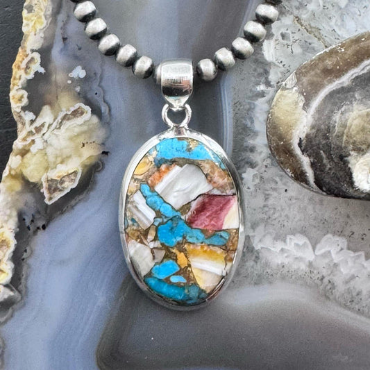 Sterling Southwestern Style Copper Turquoise Spiny Oyster Pendant For Women