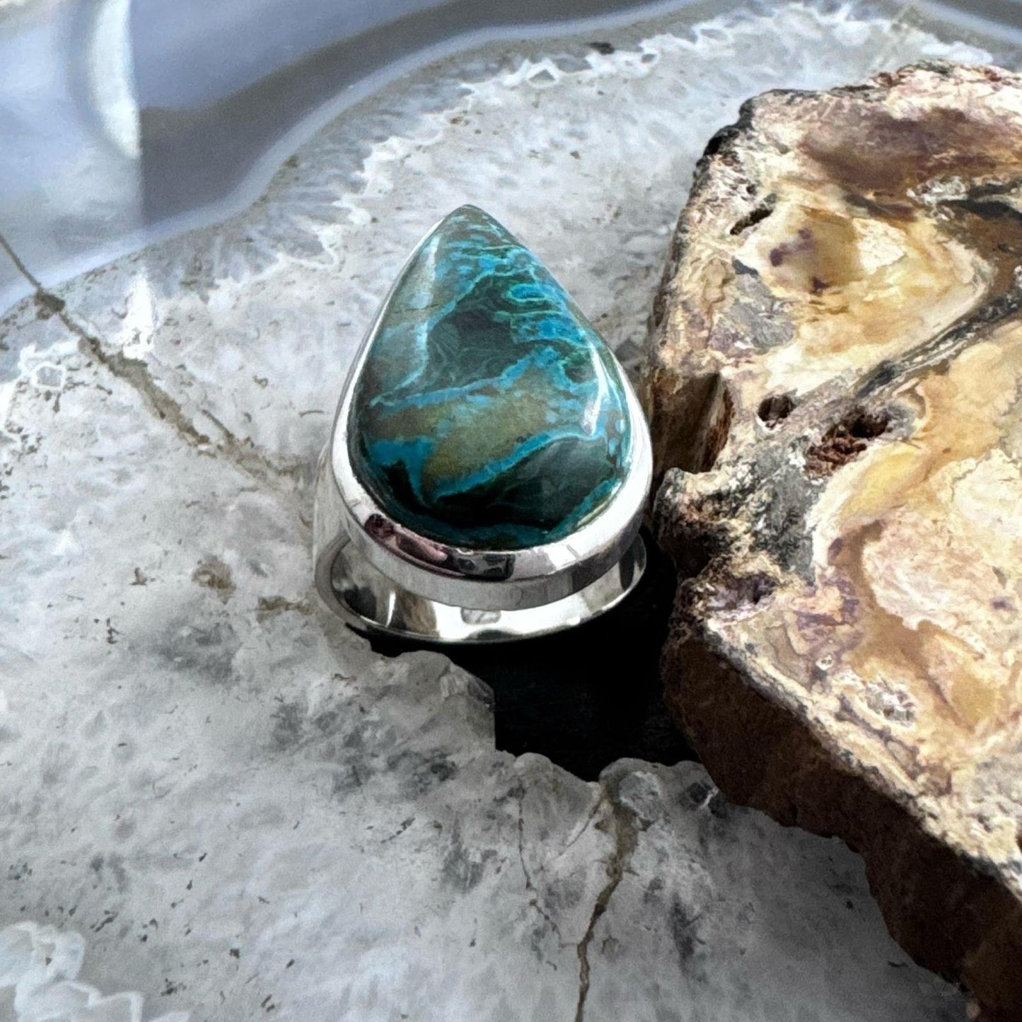 Sterling Silver Southwestern Style Teardrop Azurite Malachite Ring Size 7 For Women