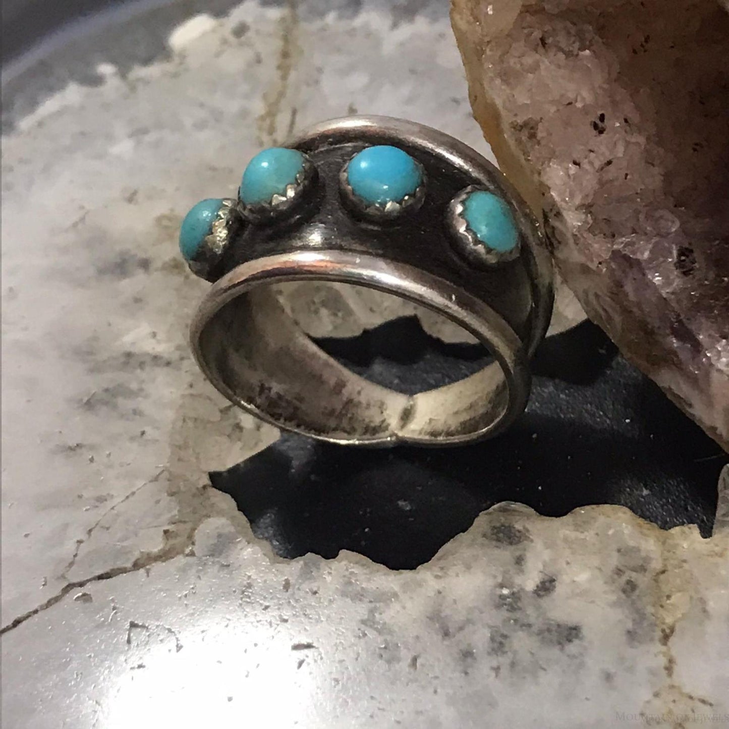 Vintage Native American Sterling Silver 4 Turquoise Dots Band Ring Size 7.25 For Women