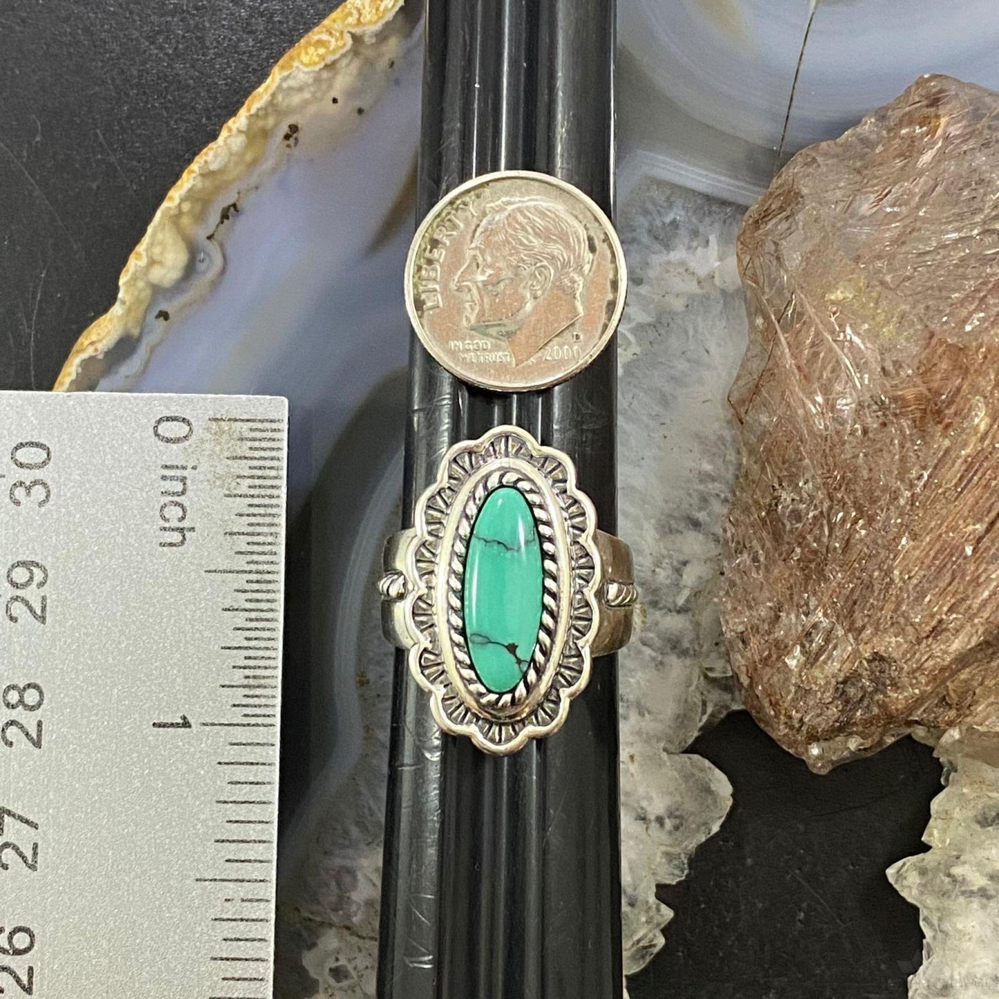 Carolyn Pollack Southwestern Style Sterling Silver Elongated Oval Turquoise Decorated Ring For Women