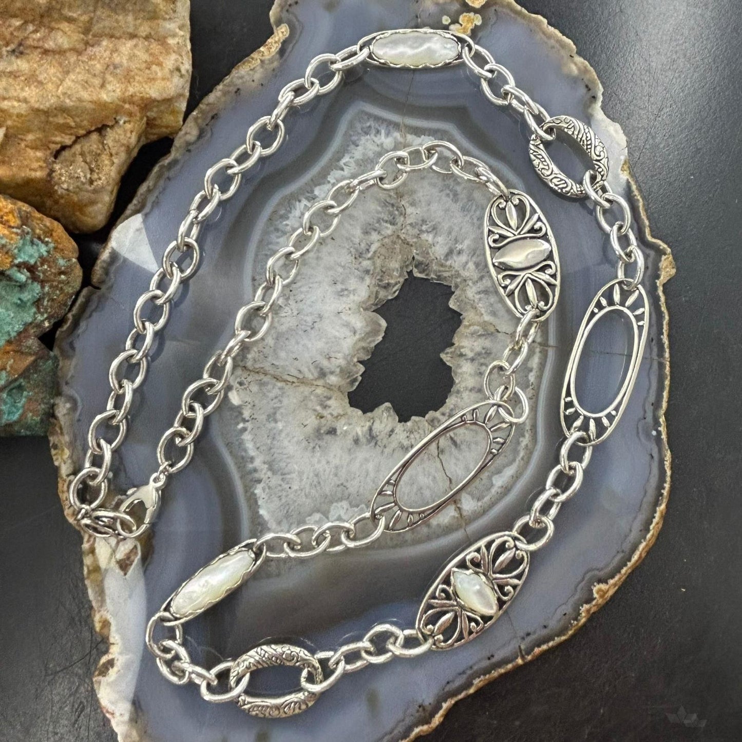 Carolyn Pollack Vintage Sterling Mother Of Pearl Chain Link Necklace For Women