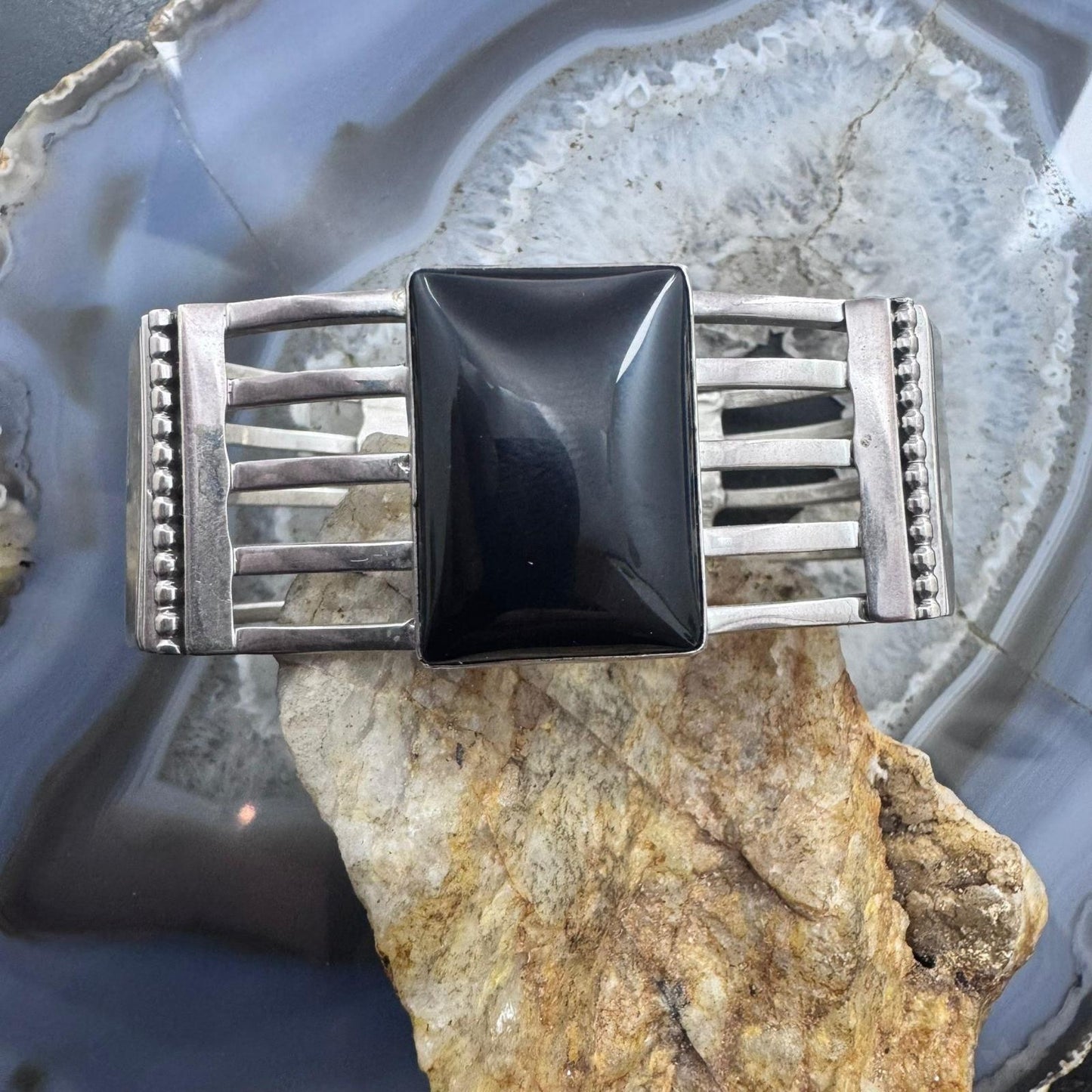 Jack Bly Vintage Native American Sterling Silver Rectangle Onyx Bracelet For Women