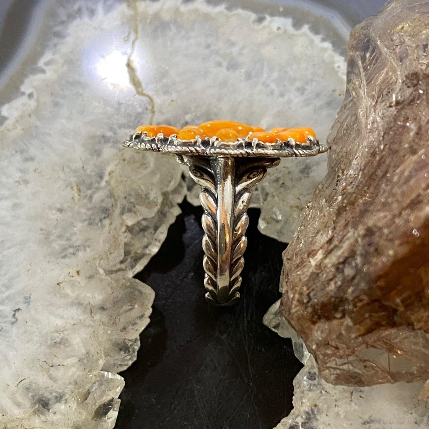 Carolyn Pollack Southwestern Style Sterling Silver Orange Spiny Oyster Decorated Cluster Ring For Women