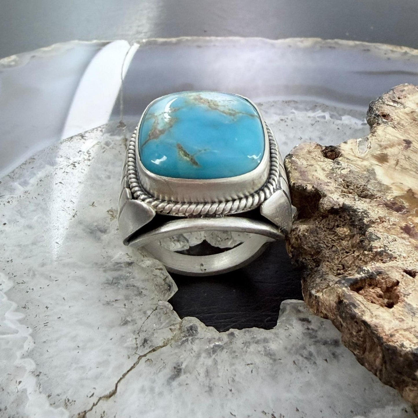 Native American Sterling Silver Square Kingman Turquoise Shield Ring Size 11.25 For Men