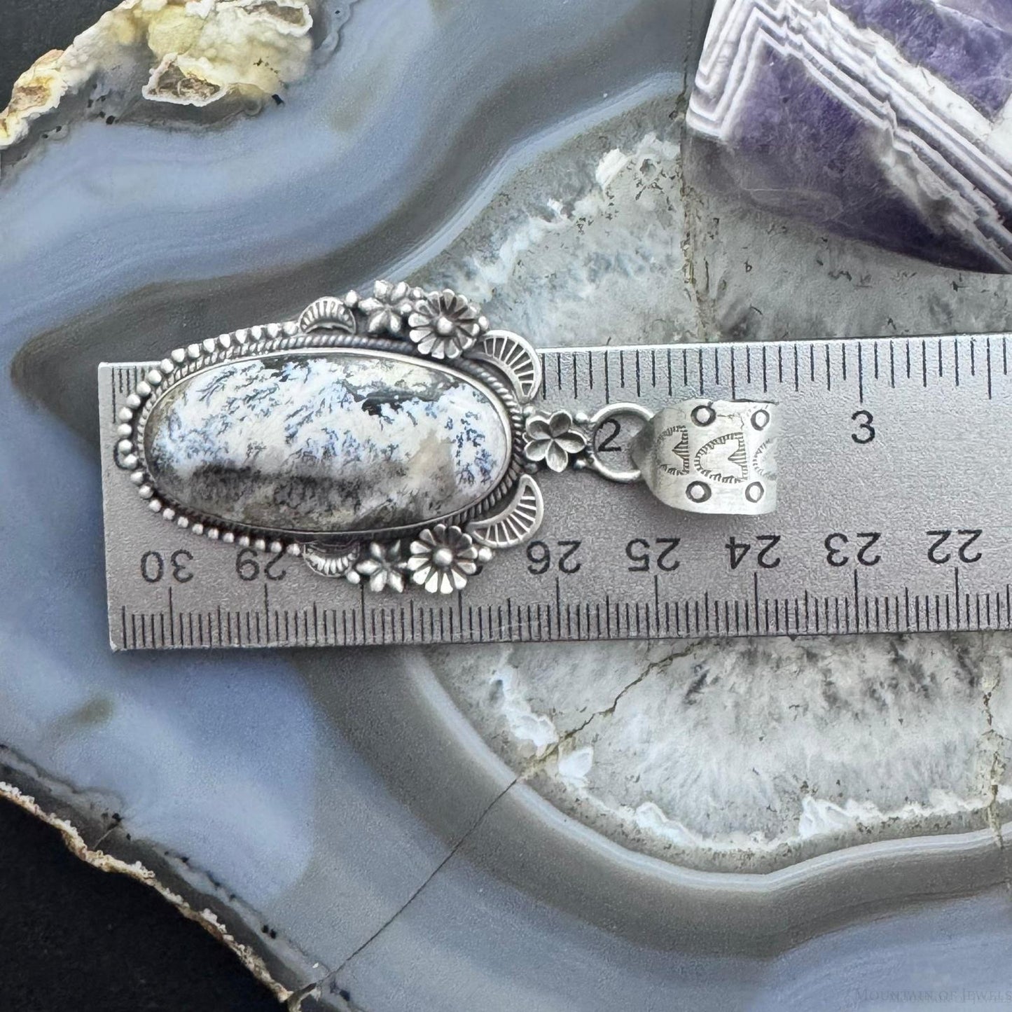 Sterling Silver Southwestern Style Elongated Oval Dendritic Agate Decorated Pendant For Women