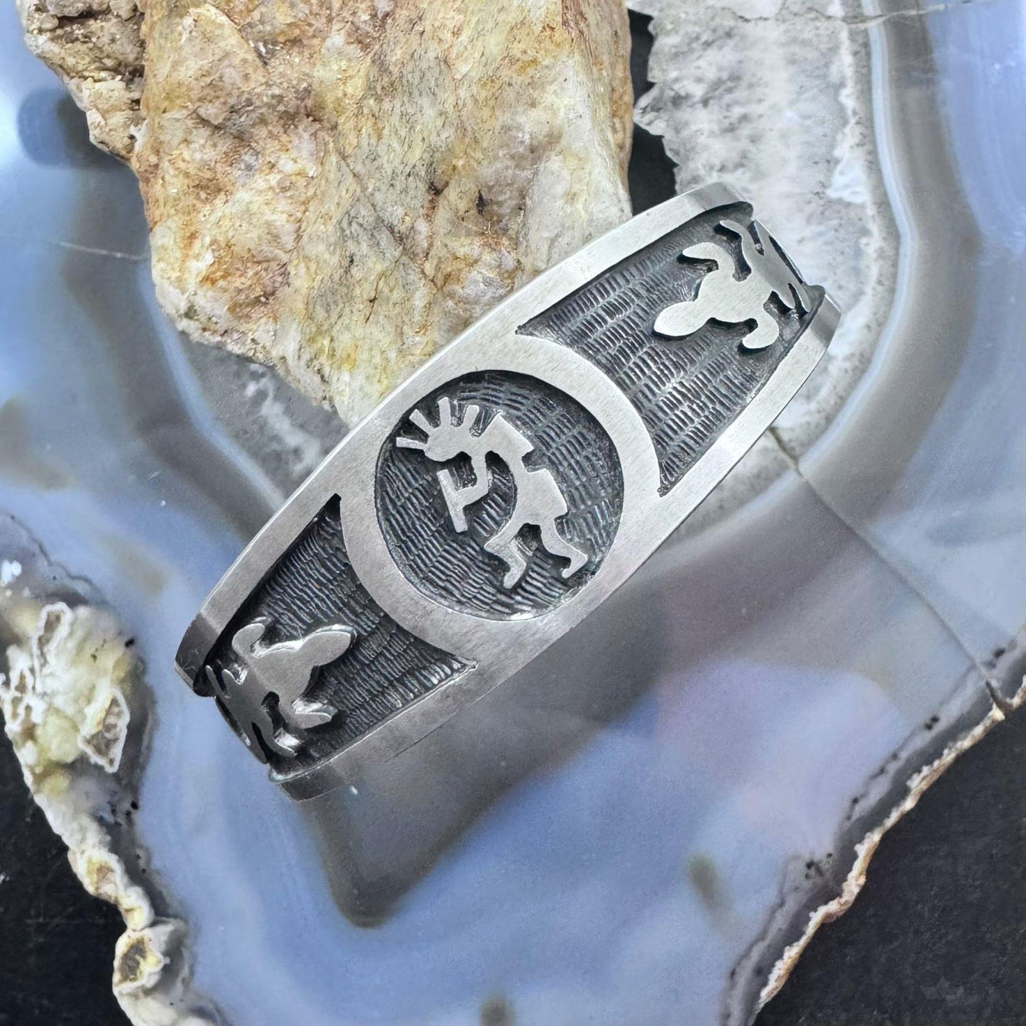 Vintage Sterling Silver Kokopelli Southwestern Motifs Overlay Bracelet For Women