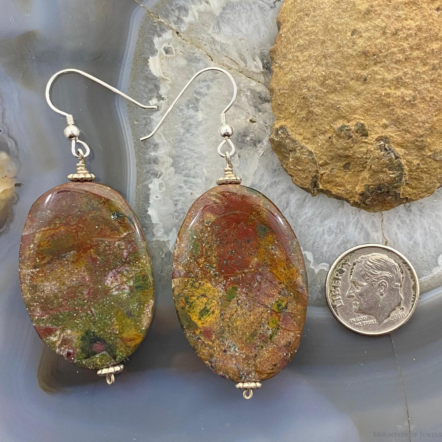 Sterling Silver Oval Bloodstone Agate Slab Dangle Earrings For Women #104