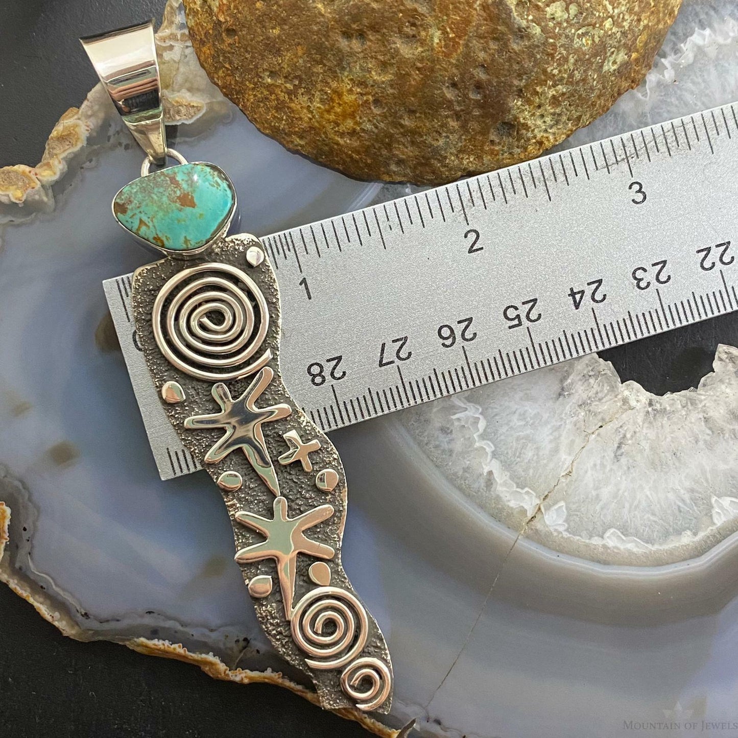 Alex Sanchez Sterling Silver Petroglyph & Turquoise Long Unisex Pendant