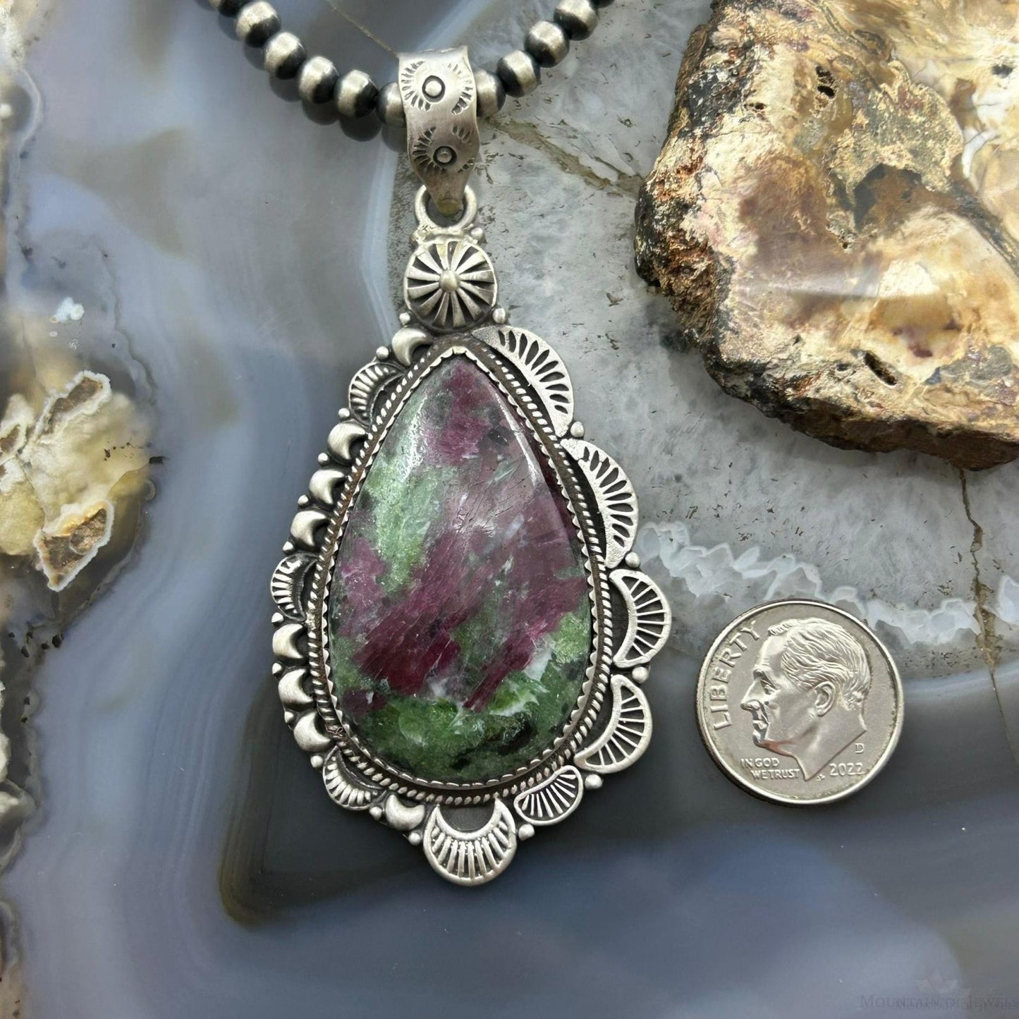 Sterling Silver Southwestern Style Teardrop Ruby Zoisite Decorated Pendant For Women