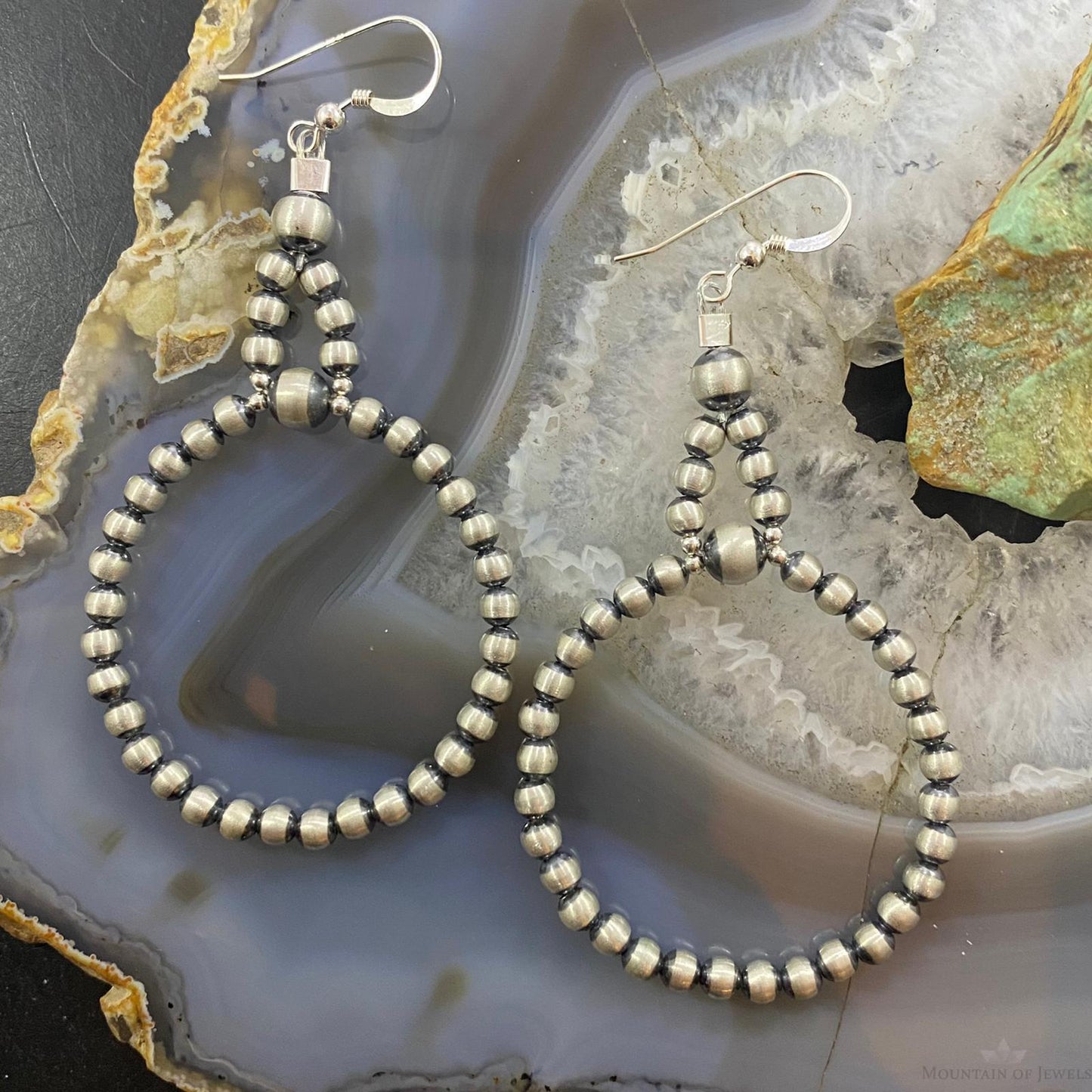 Navajo Pearl Bead 4 mm Sterling Silver Hoop Dangle Earrings For Women