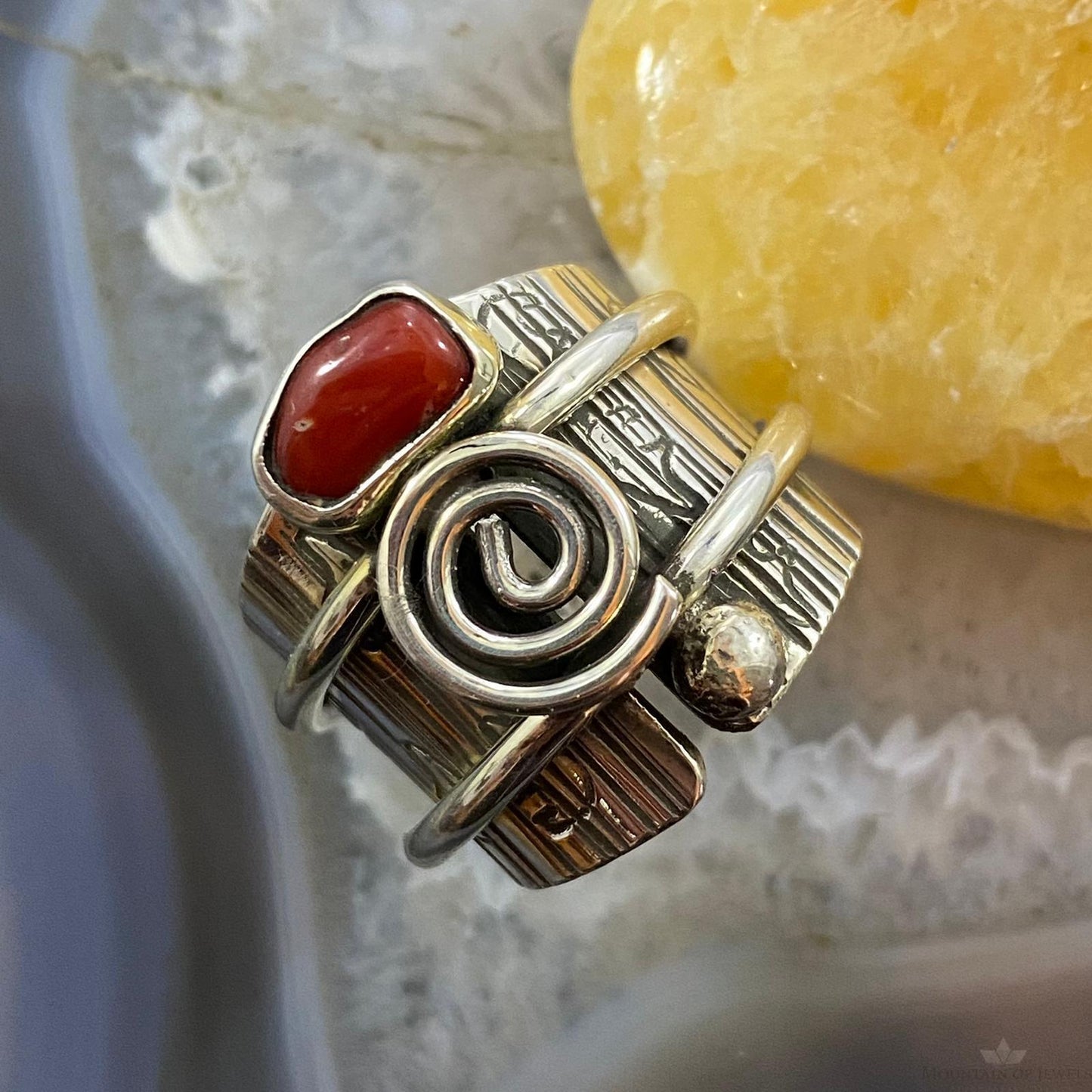 Alex Sanchez Sterling Silver Coral Unique Petroglyph Band Ring Sz 8.75 For Women