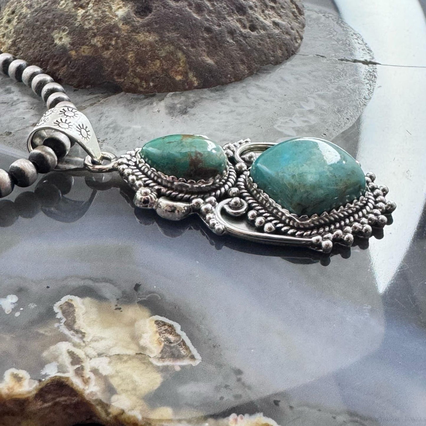 Sterling Silver Southwestern Style 2 Turquoise Decorated Large Pendant For Women