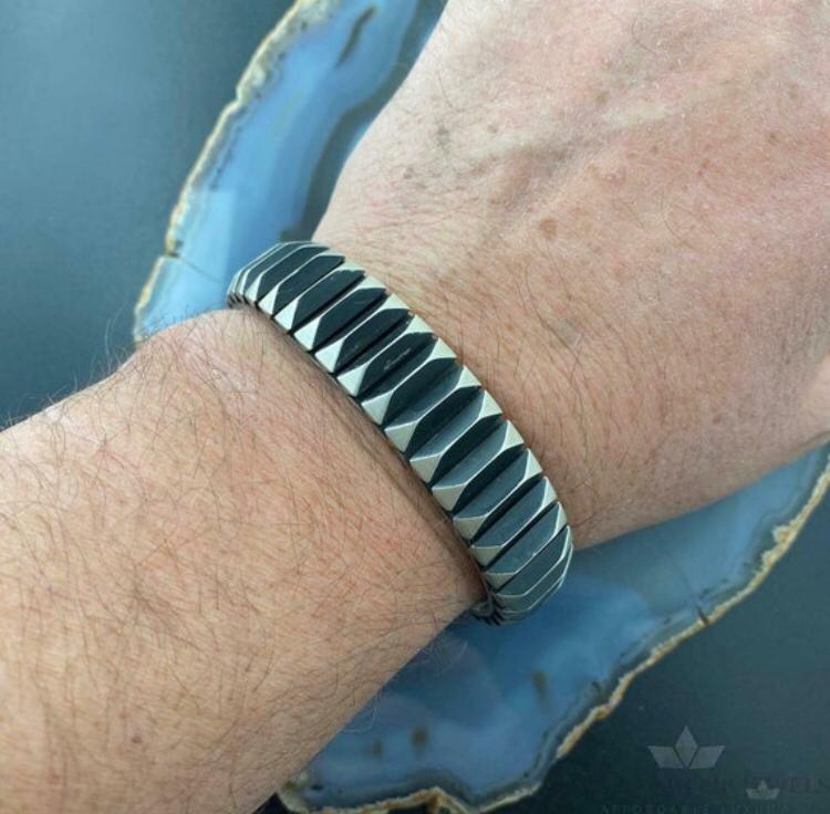 Leander Tahe Native American Sterling Silver Heavy Geometric Bracelet For Men