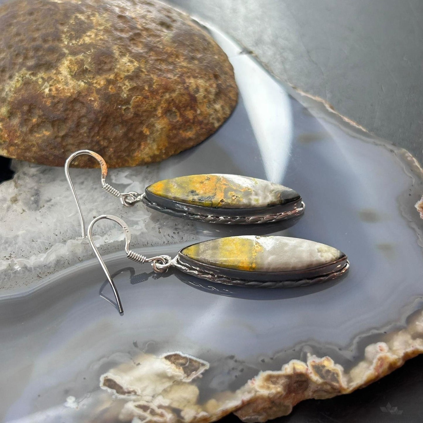 Sterling Silver Southwestern Style Marquise Yellow Jasper Dangle Earrings For Women