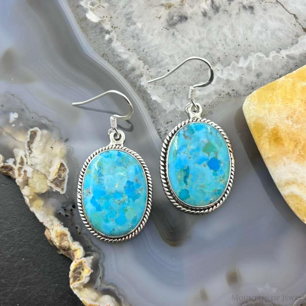 Sterling Silver Southwestern Style Oval Mojave Turquoise Dangle Earrings For Women