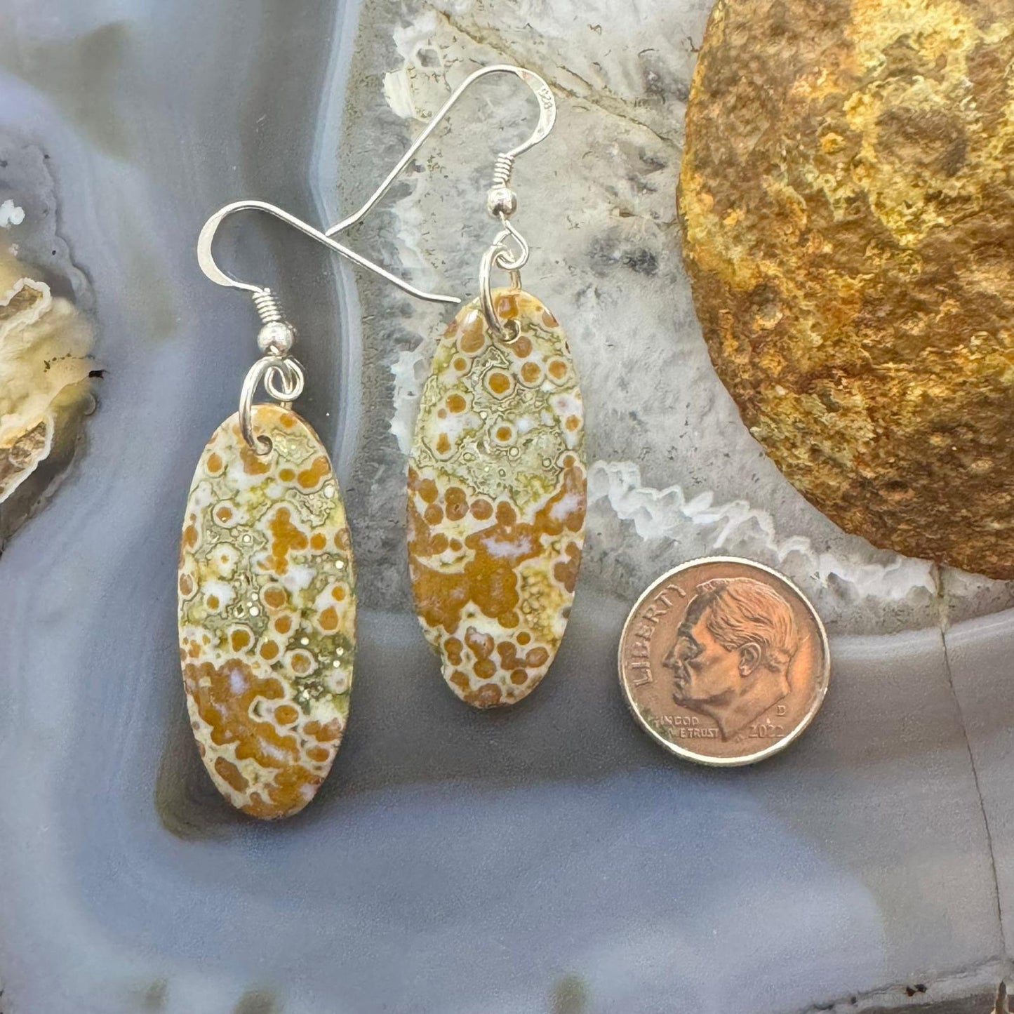 Sterling Silver Elongated Oval River Jasper Slab Dangle Earrings For Women #352