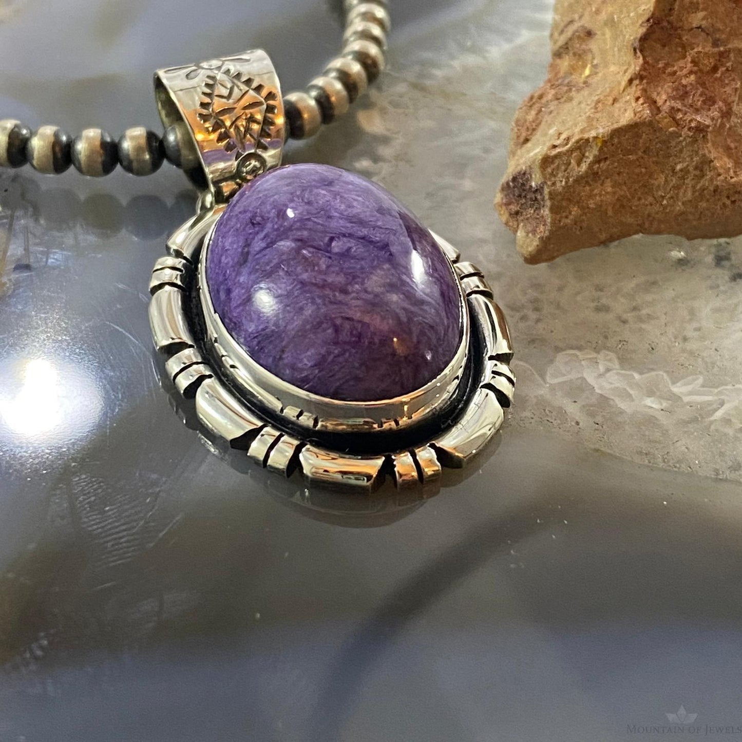 Native American Sterling Silver Oval Charoite Decorated Pendant For Women