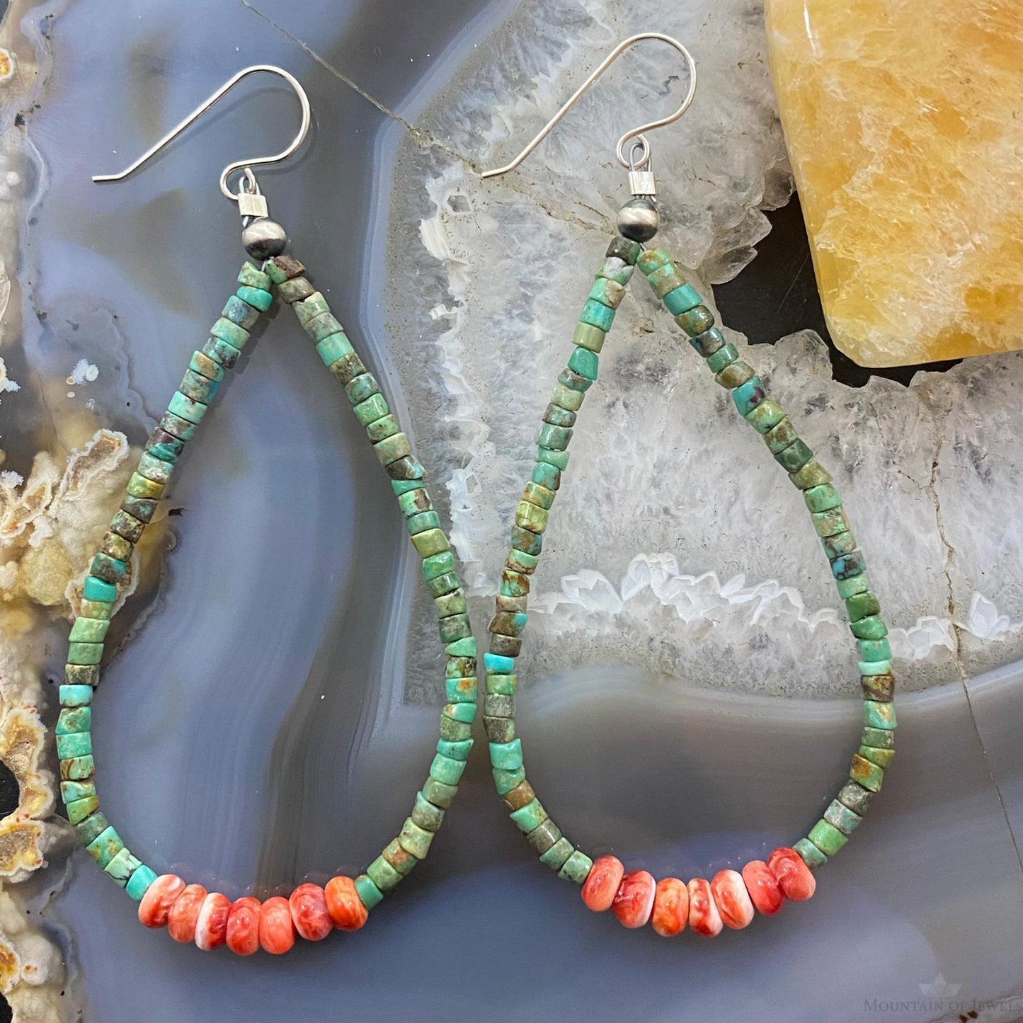 Sterling Silver Turquoise Beads 3 mm & Spiny Oyster Hoop Earrings For Women