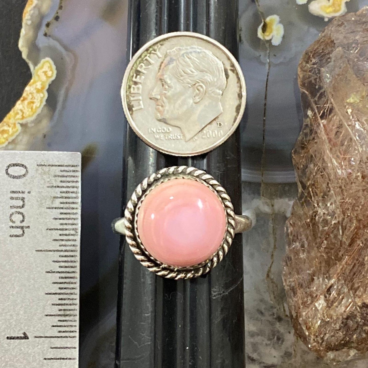 Native American Sterling Silver Rounded Pink Conch Ring Size 7.5 & 8 For Women