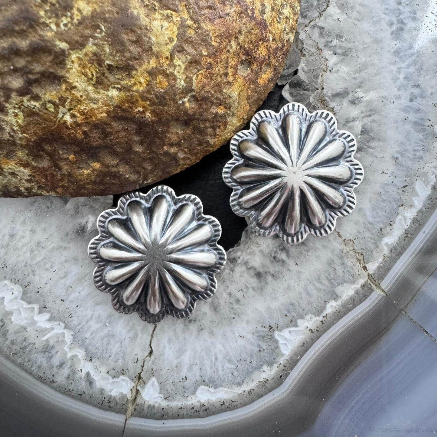 Native American Sterling Silver Repousse Large Concho Stud Earrings For Women