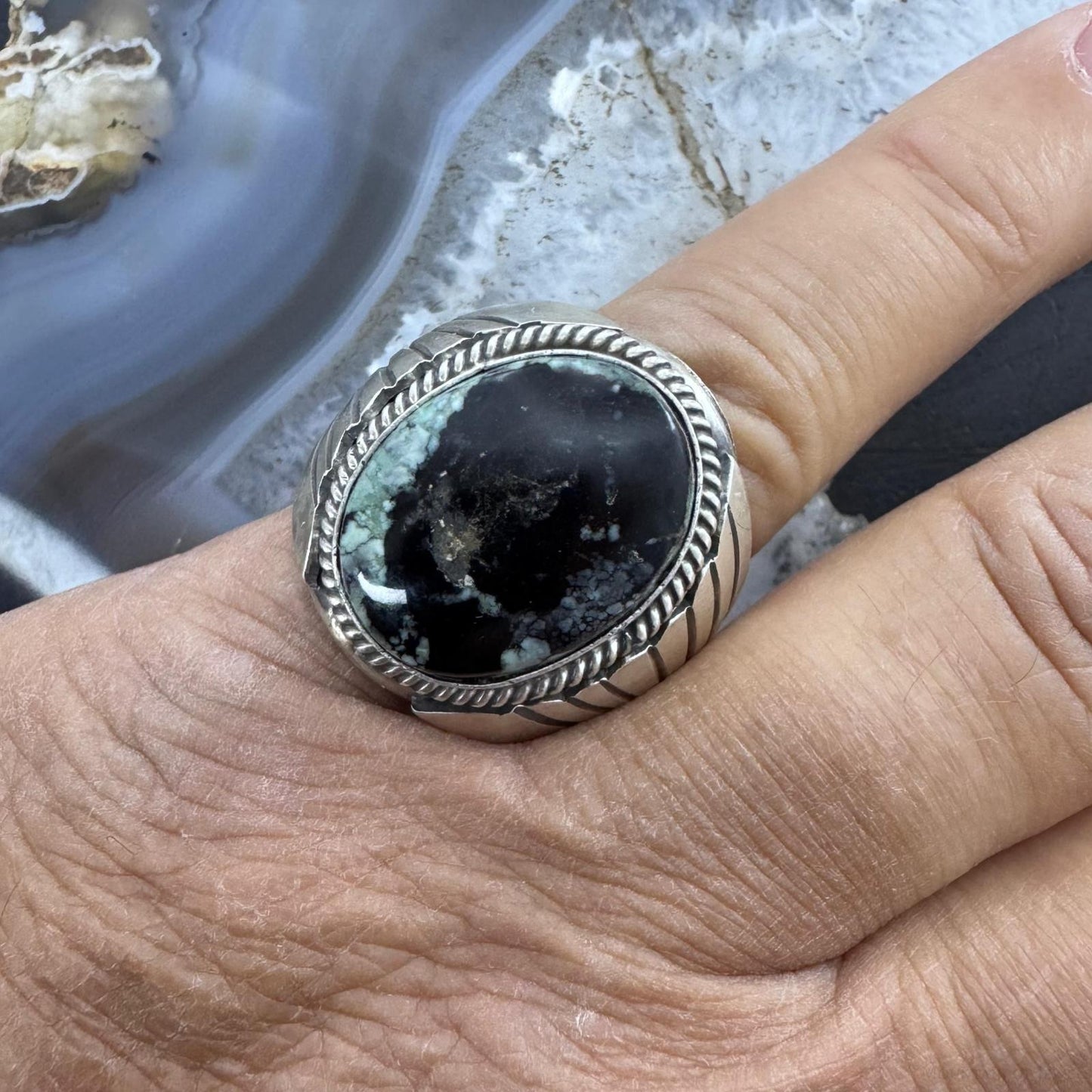 Native American Sterling Oval Black Jack Shield Ring Size 11 For Men