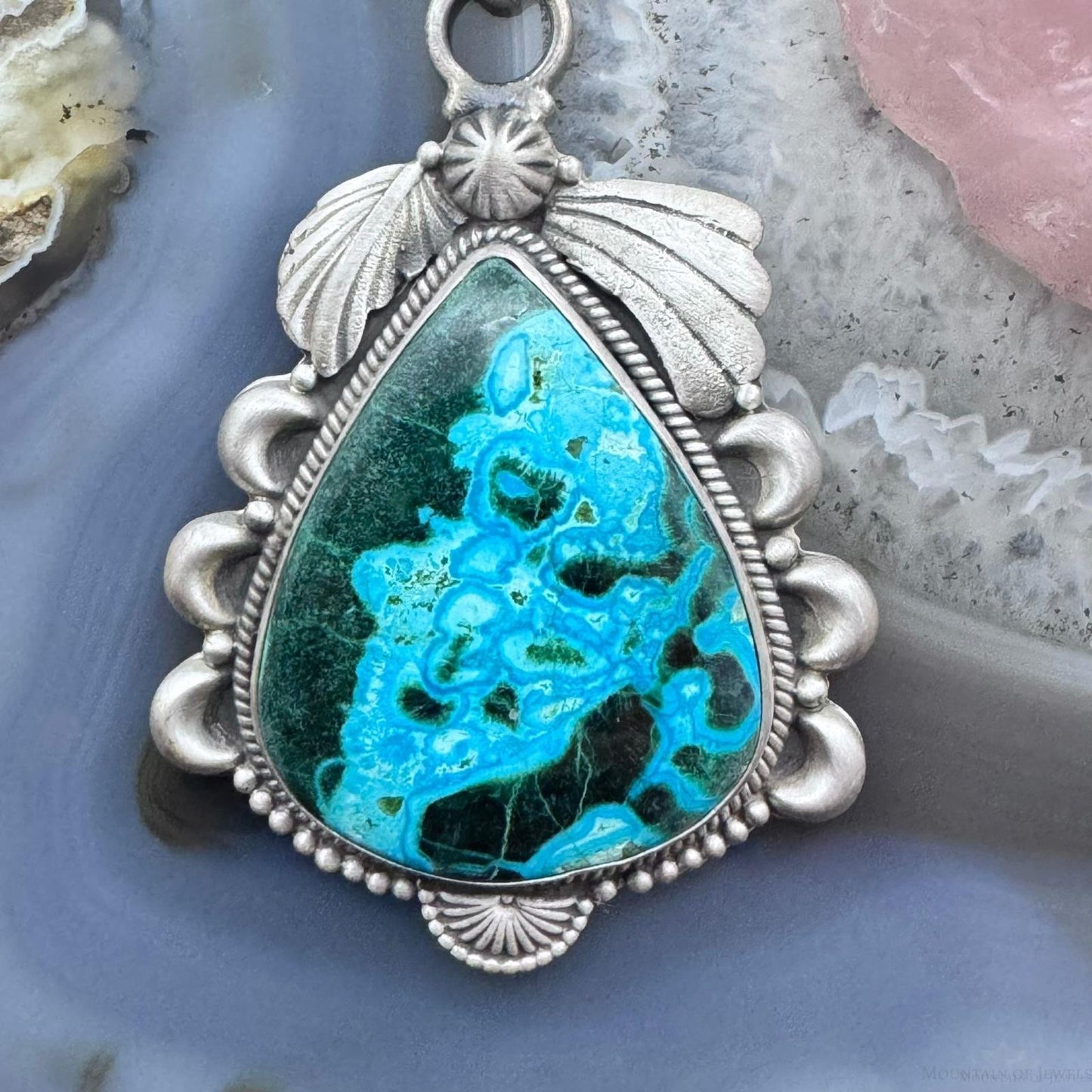 Sterling Silver Southwestern Style Large Teardrop Azurite Malachite Decorated Pendant For Women