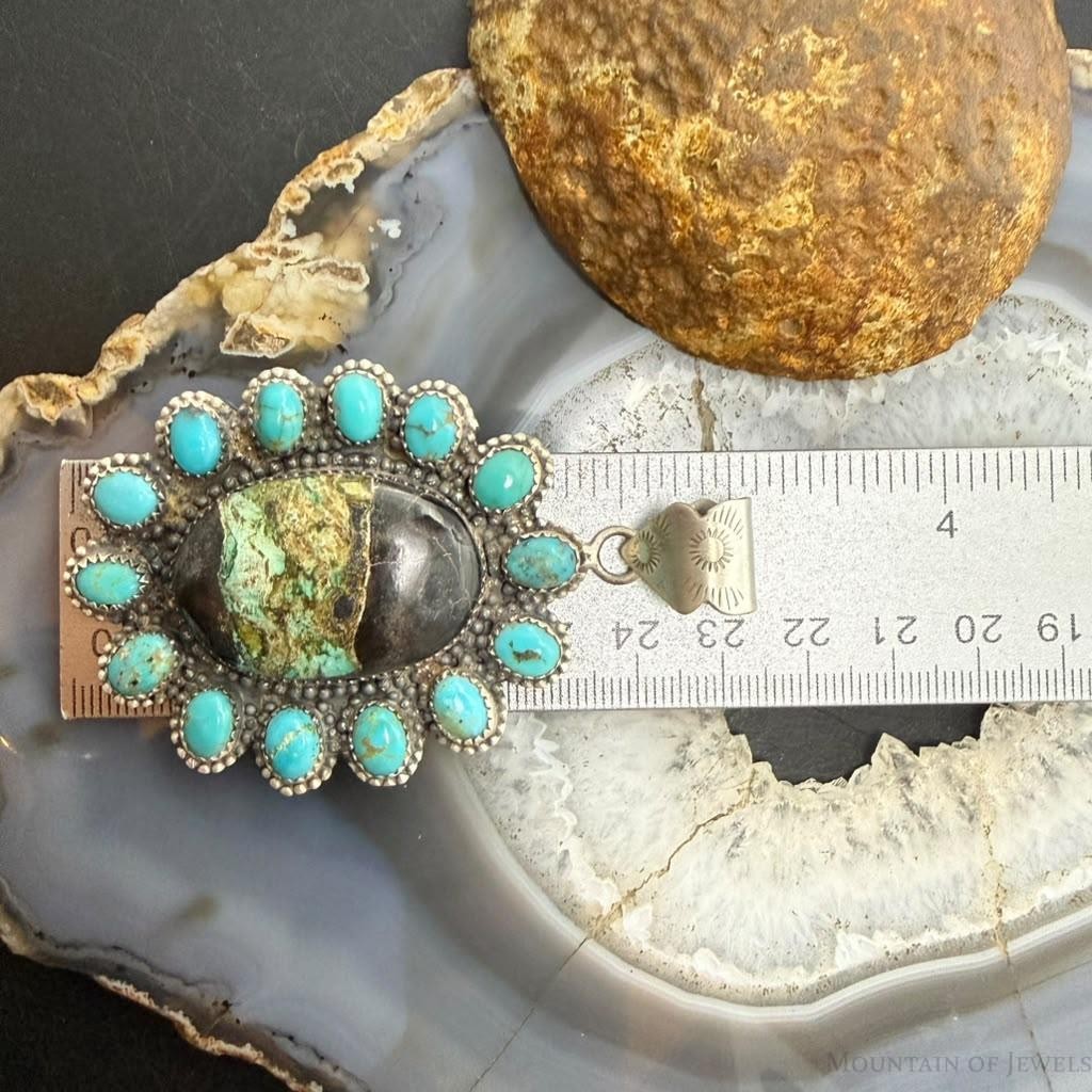 Sterling Silver Southwestern Style Blackjack & Kingman Turquoise Pendant For Women
