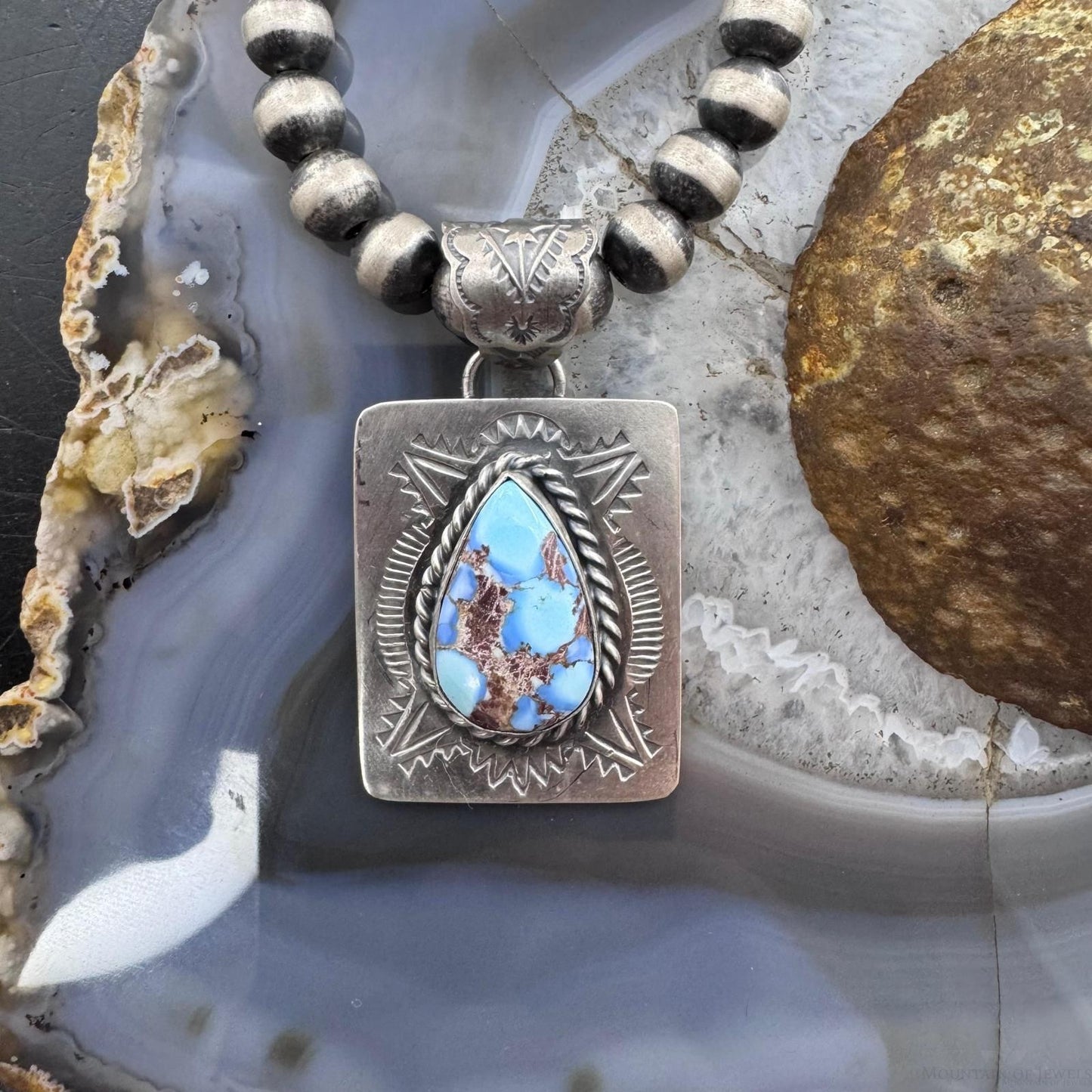 Native American Sterling Silver Teardrop Golden Hill Turquoise Decorated Pendant