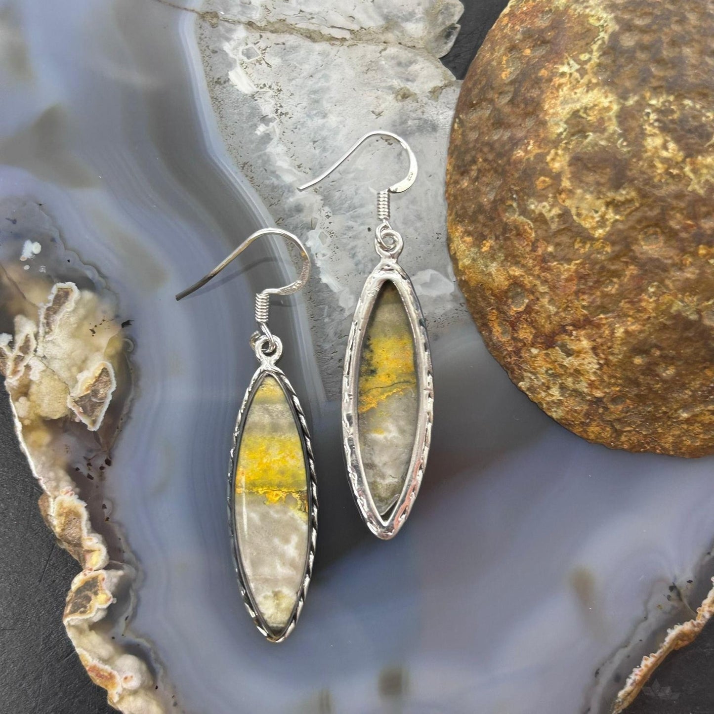 Sterling Silver Southwestern Style Marquise Yellow Jasper Dangle Earrings For Women