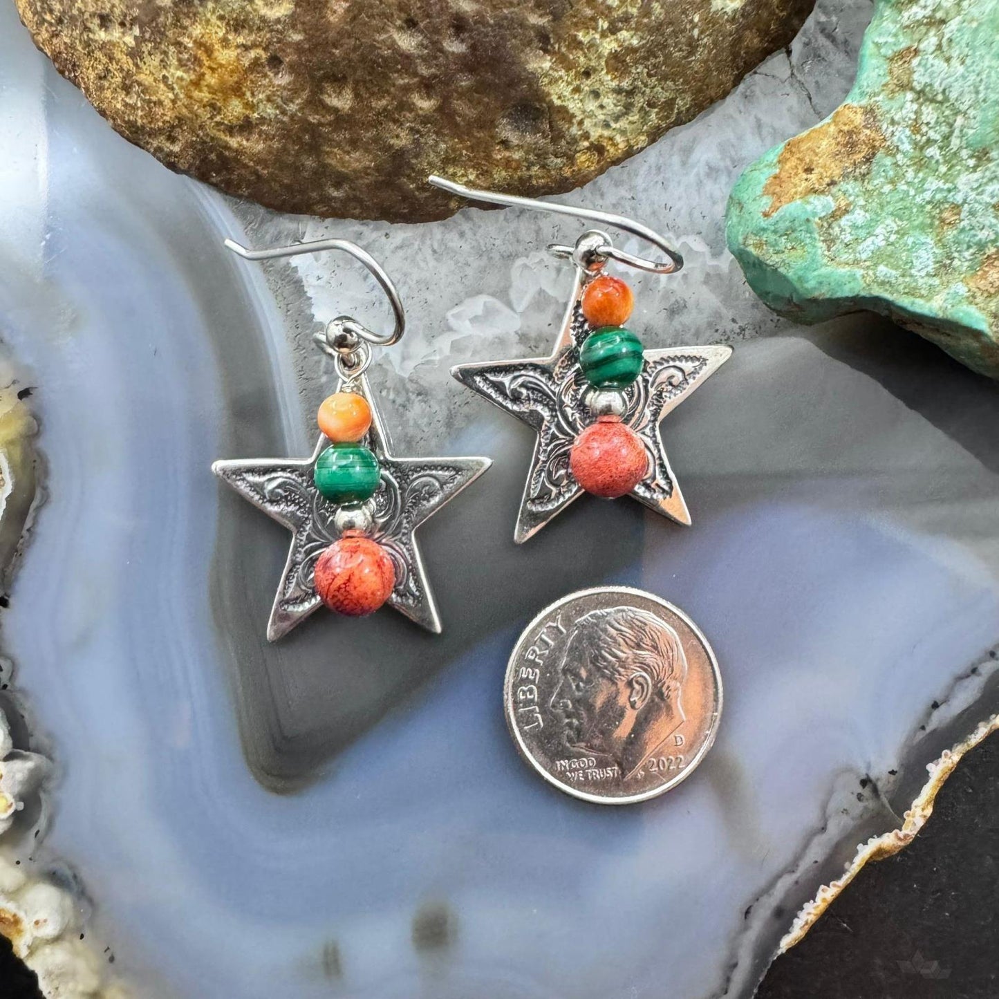 Carolyn Pollack Sterling Silver Star With Multistone Beads Dangle Earrings For Women