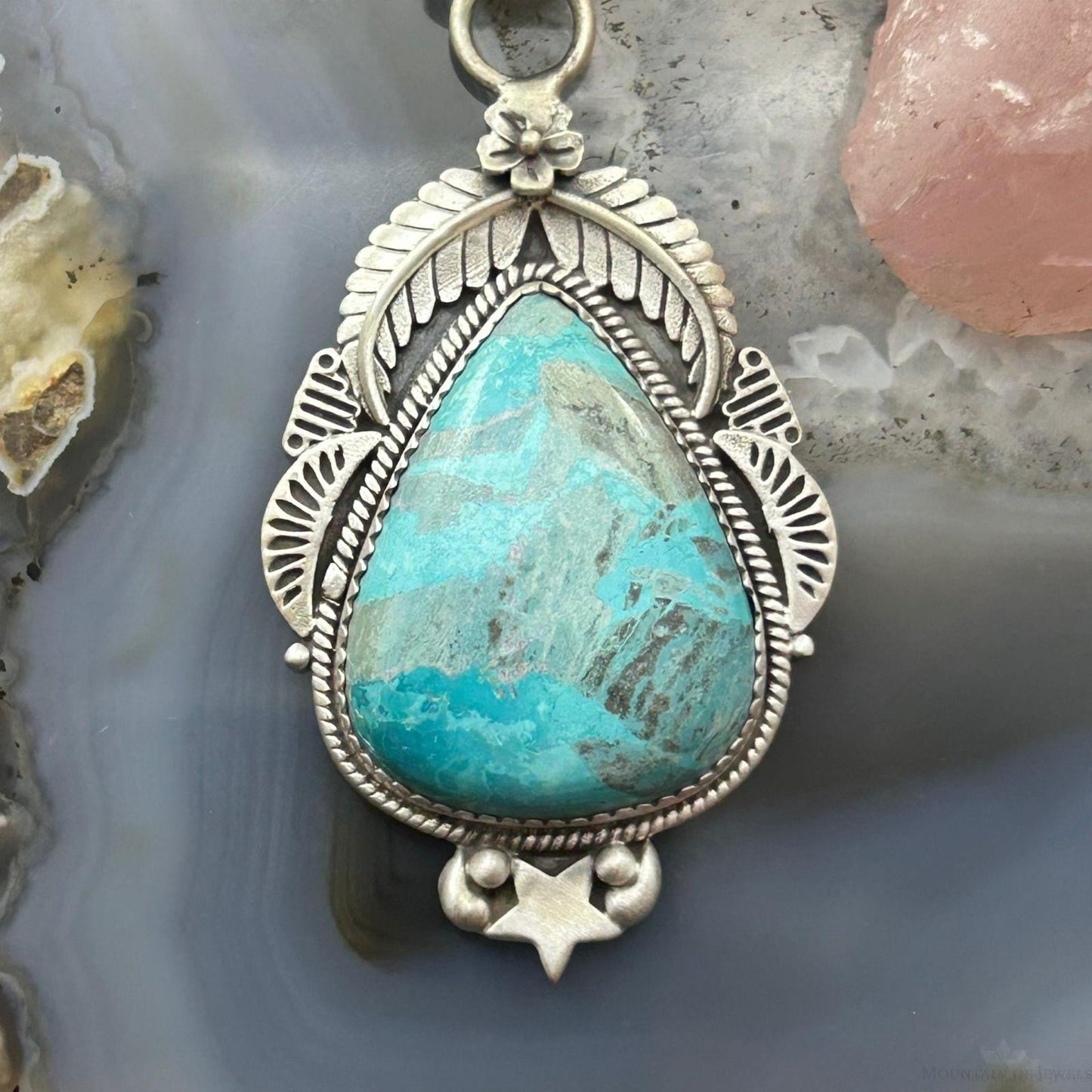 Sterling Silver Southwestern Style Teardrop Turquoise Decorated Pendant For Women